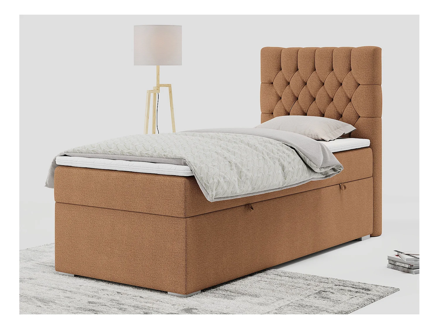 Boxspringbett PERA - Einzelbett mit Kopfstütze, Polsterbett, Multipocket-Matratze, genähtes Kopfteil - 90x200 cm - H4 - Orange Strukture - Rechts Seite