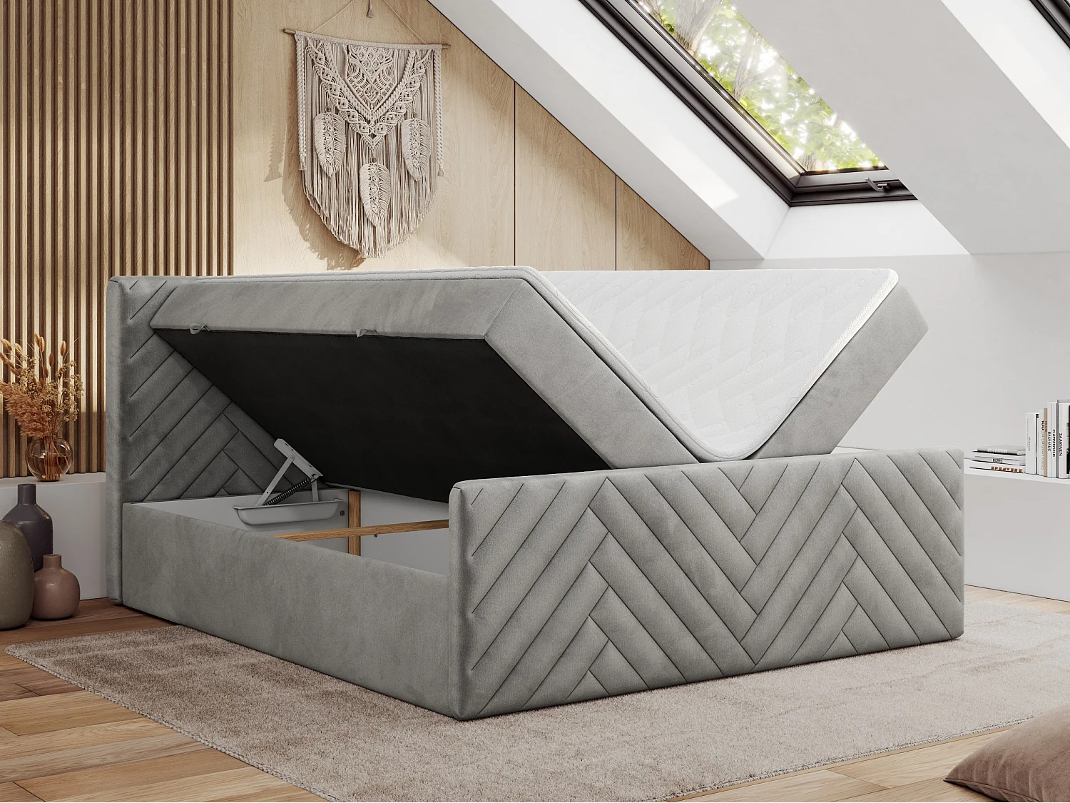 Boxspringbett PARIS DUO - Polsterbett mit genähtem Kopfteil und Frontplatte, Doppelbett, zwei Bettkästen - 120x200 cm - H4 - Hellgrau Velvet