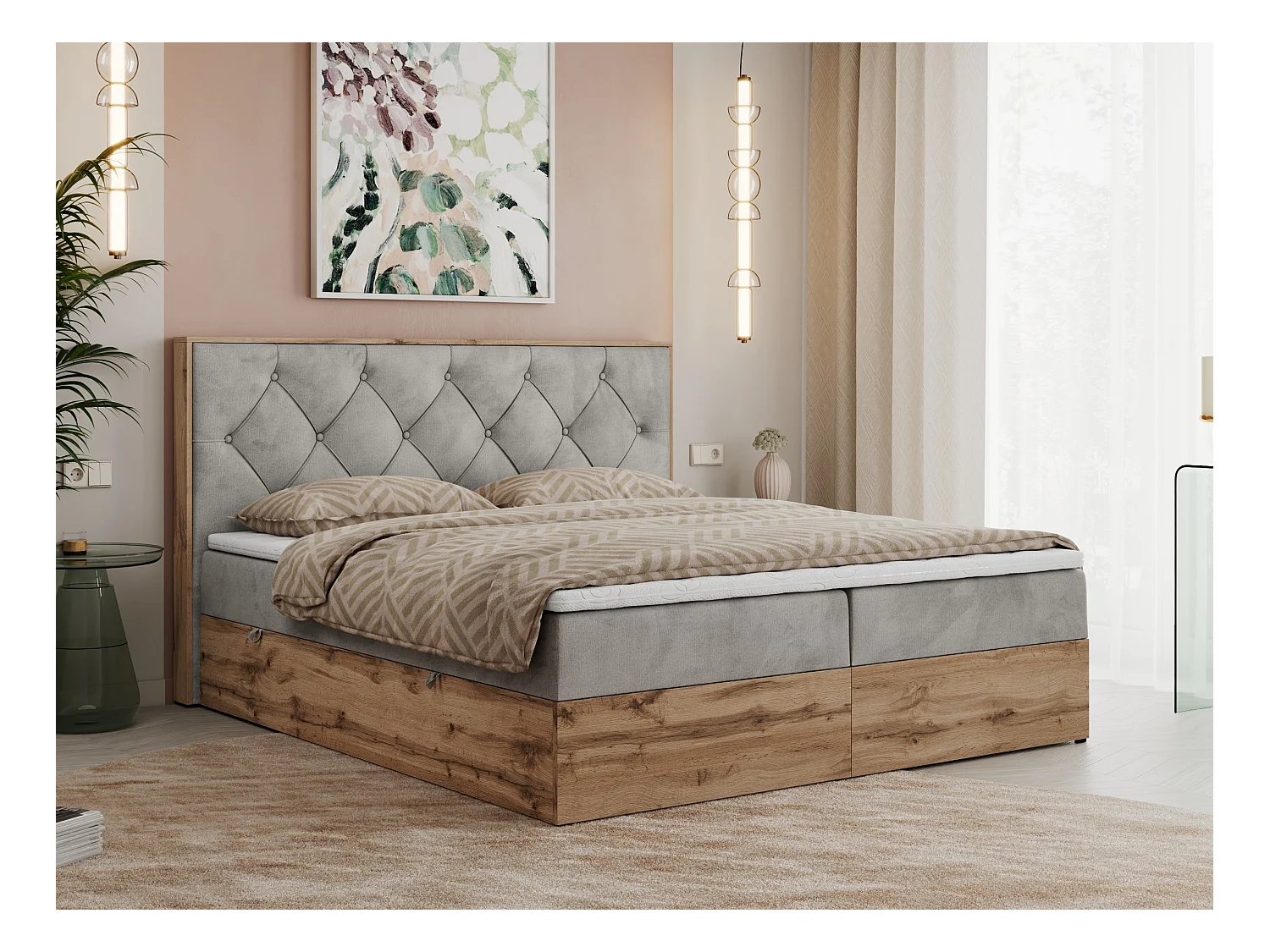 Boxspringbett VENETO - gestepptem Kopfteil, Set mit Multipocket-Matratze und Topper, Holzrahmen, zwei Bettkästen - 140x200 cm - H3 - Hellgrau Velvet