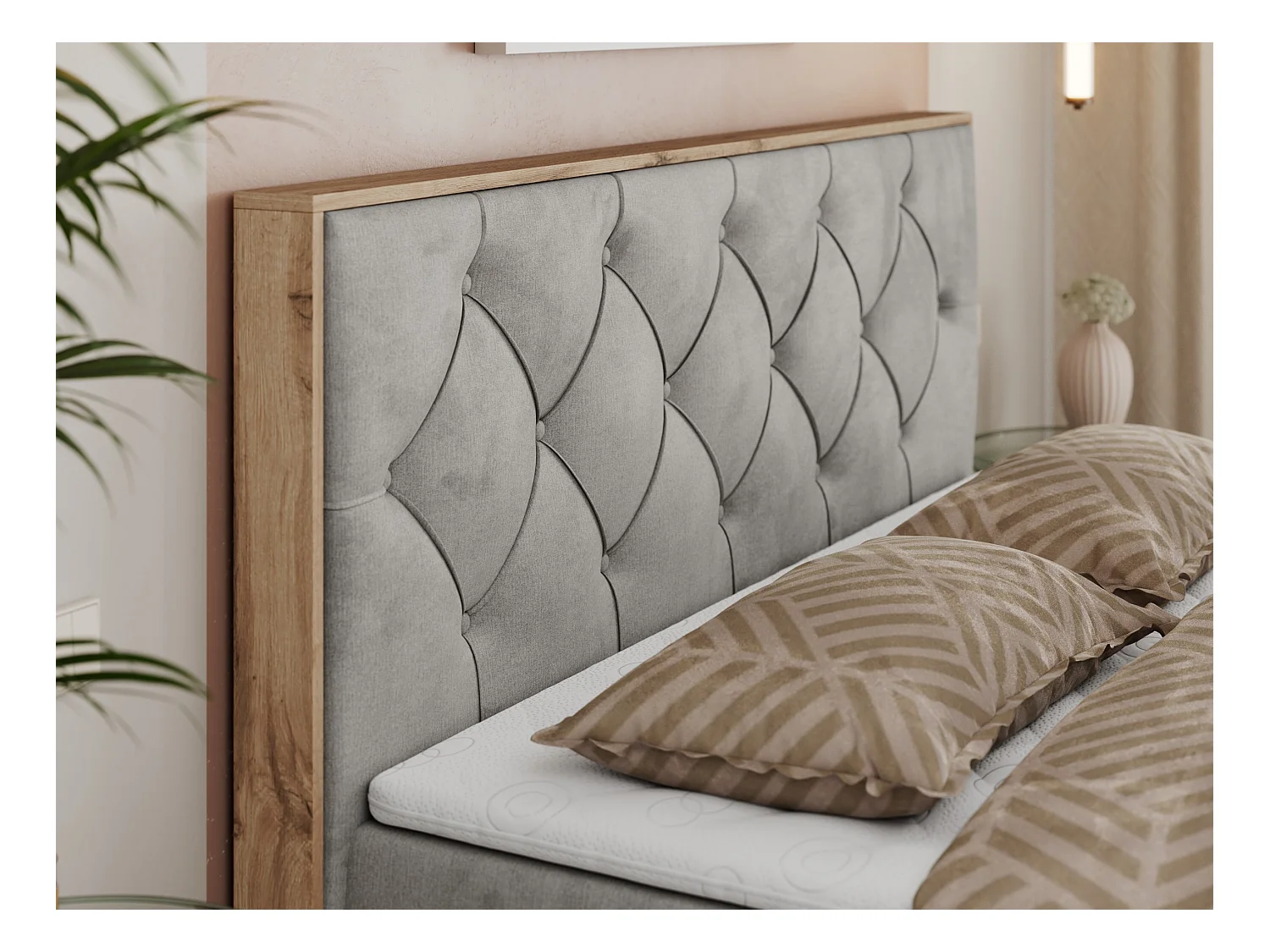 Boxspringbett VENETO - gestepptem Kopfteil, Set mit Multipocket-Matratze und Topper, Holzrahmen, zwei Bettkästen - 140x200 cm - H3 - Hellgrau Velvet