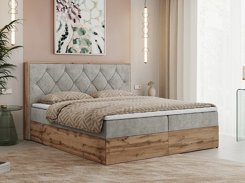 Boxspringbett VENETO - gestepptem Kopfteil, Set mit Multipocket-Matratze und Topper, Holzrahmen, zwei Bettkästen - 140x200 cm - H4 - Hellgrau Strukture
