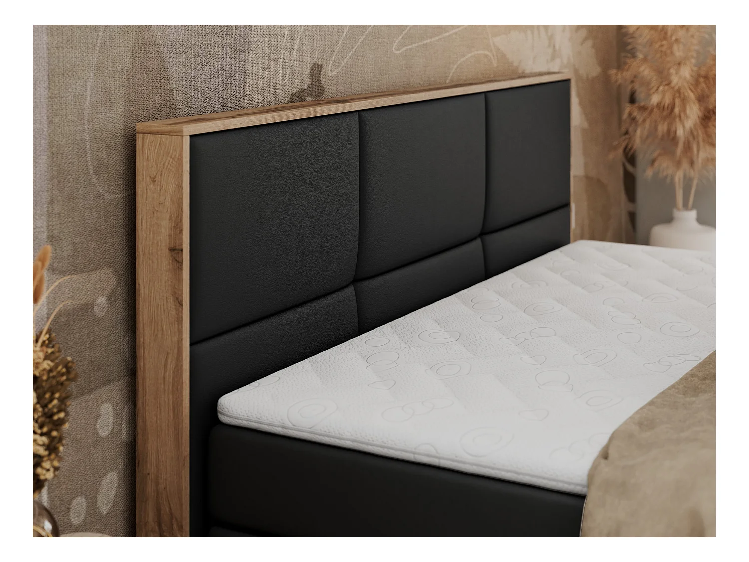 Boxspringbett ALBERO 2 KING DUO - Eiche Wotan Holzrahmen, zwei Multipocket-Matratzen, Bettkästen - 160x200 cm - H3 - Schwarz Kunstleder