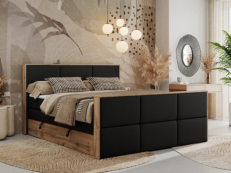 Boxspringbett ALBERO 2 KING DUO - Eiche Wotan Holzrahmen, zwei Multipocket-Matratzen, Bettkästen - 160x200 cm - H3 - Schwarz Kunstleder