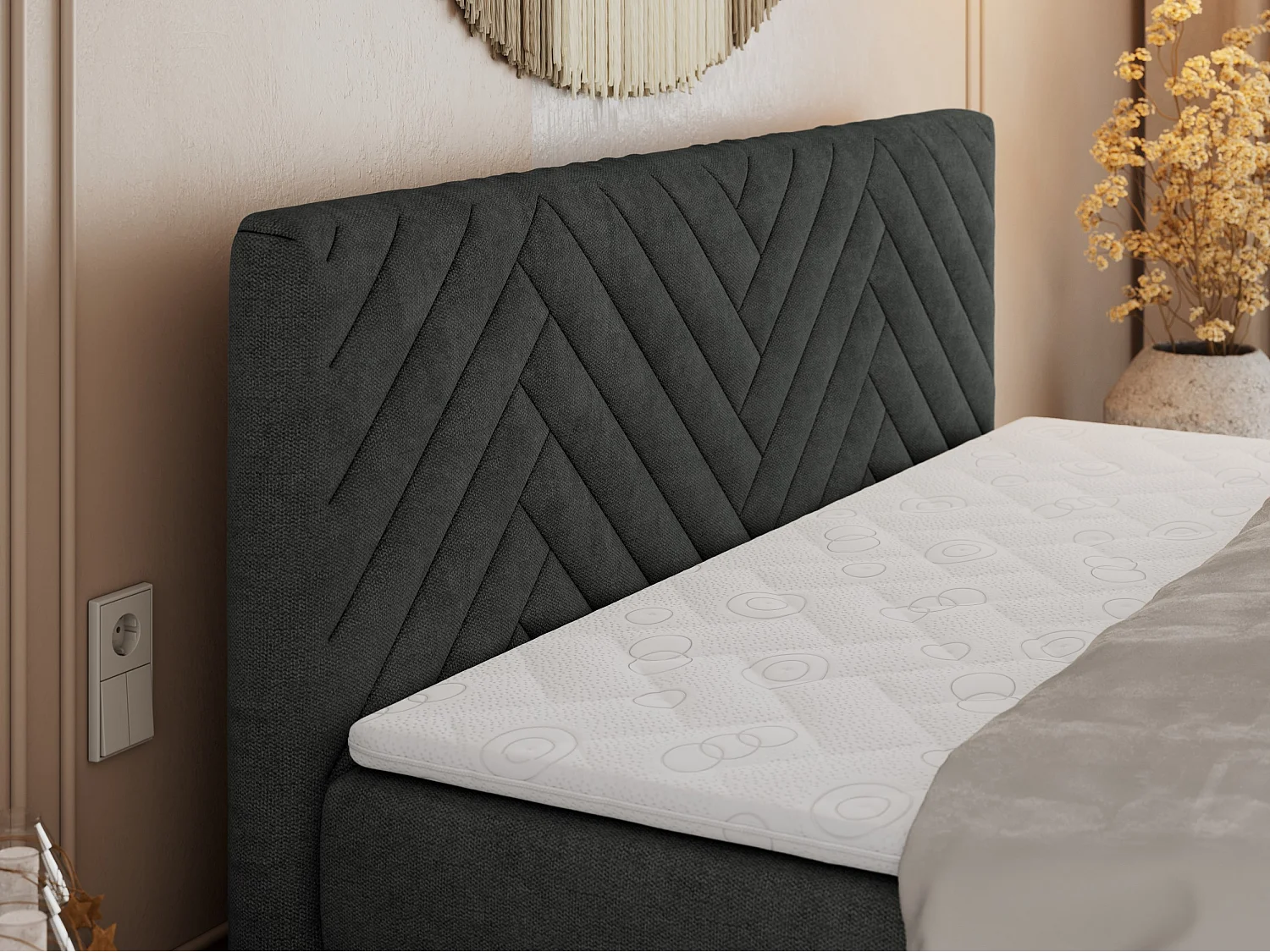 Boxspringbett PARIS KING DUO - dekorative Kopfstütze und Front, zwei Multipocket-Matratze mit Topper - 140x200 cm - H4 - Dunkelgrau Strukture