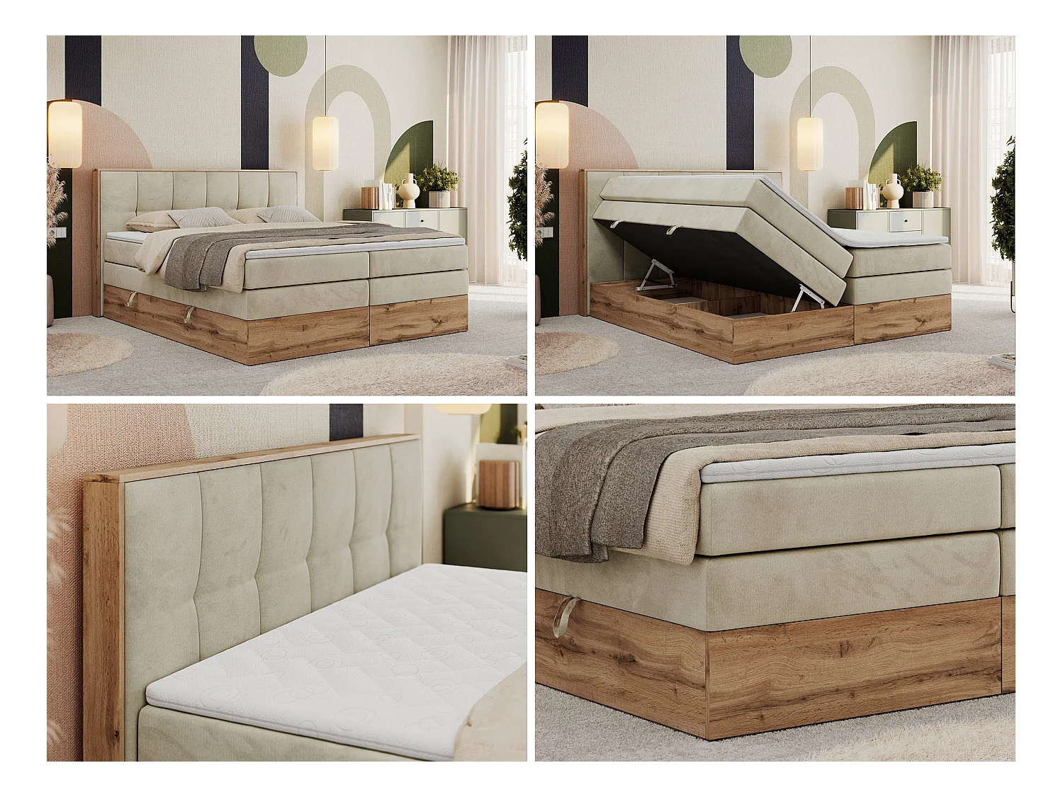 Boxspringbett ALBERO 1 KING - zwei 7 Härtezonen Multipocket-Matratzen, Doppelbett mit Stauraum, Eiche Wotan Holzrahmen - 180x200 cm - H4 - Beige Velvet