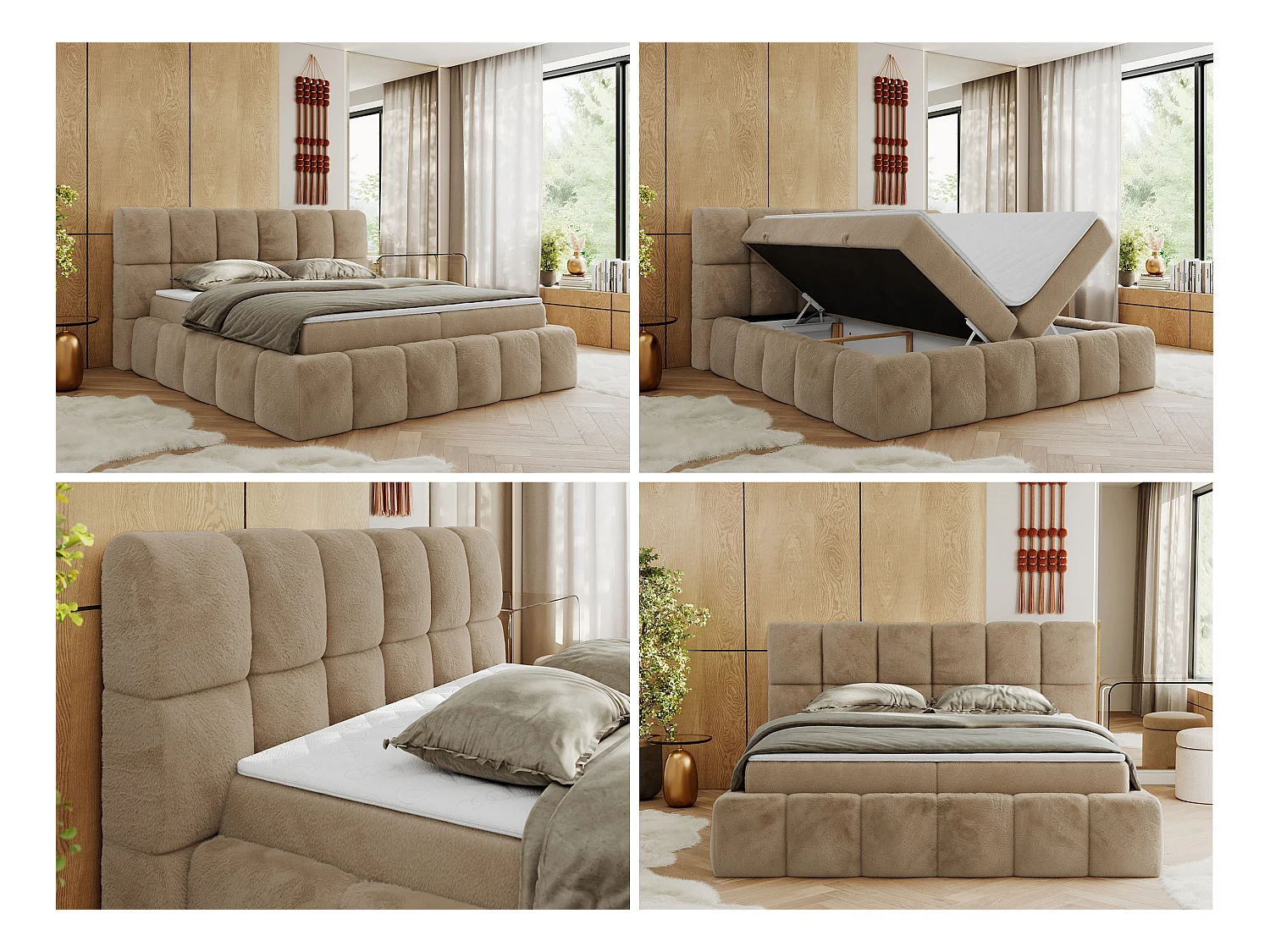 Boxspringbett NIRA - dekorativ kopfteil, Bettkästen und Multipocket-Matratze, Doppelbett für Schlafzimmer - 180x200 cm - H4 - Beige Plüsch