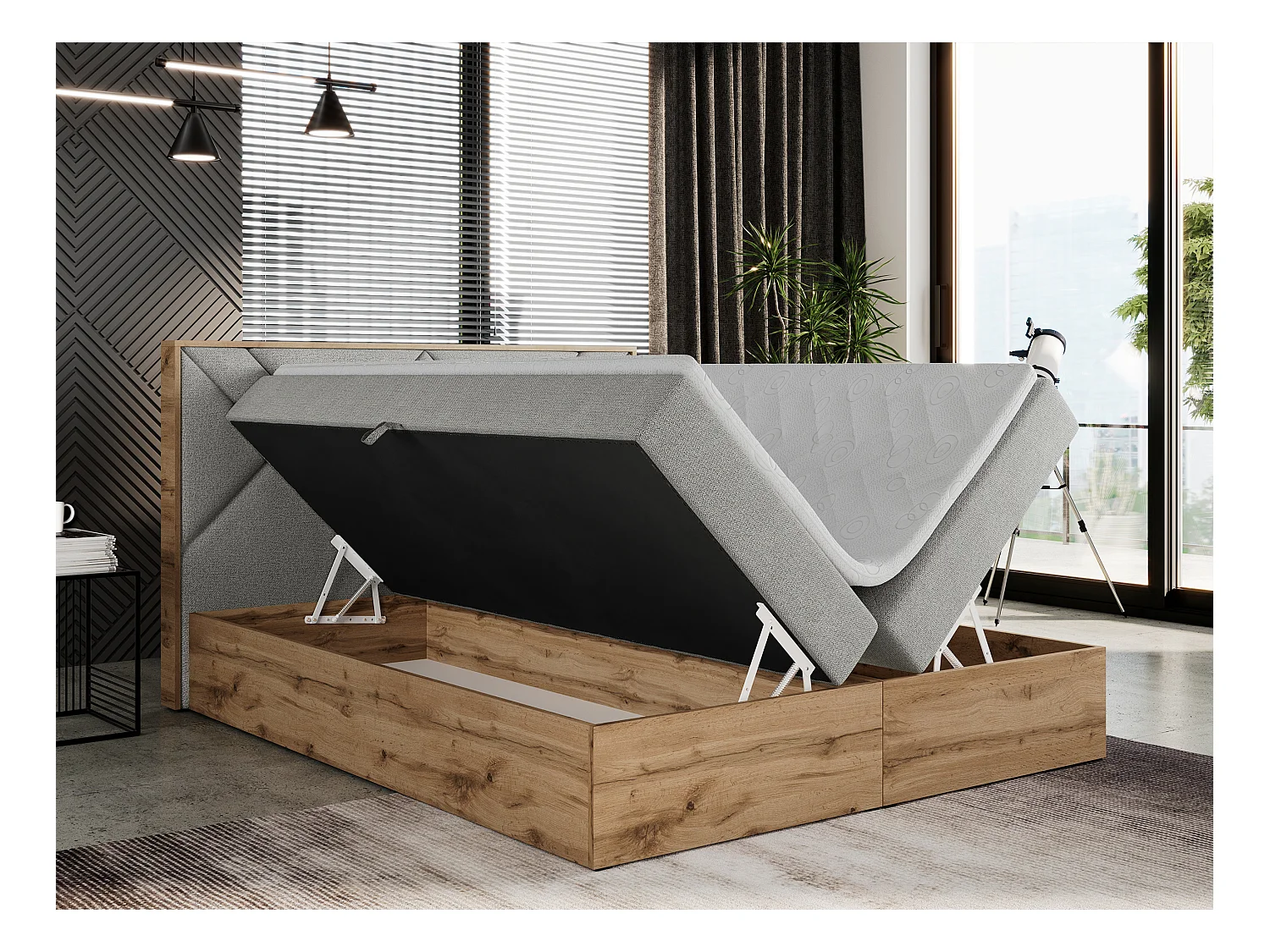 Boxspringbett GUNAR - gepolster kopfteil, Doppelbett mit Multipocket-Matratze, zwei Bettkästen - 180x200 cm - H4 - Hellgrau Strukture