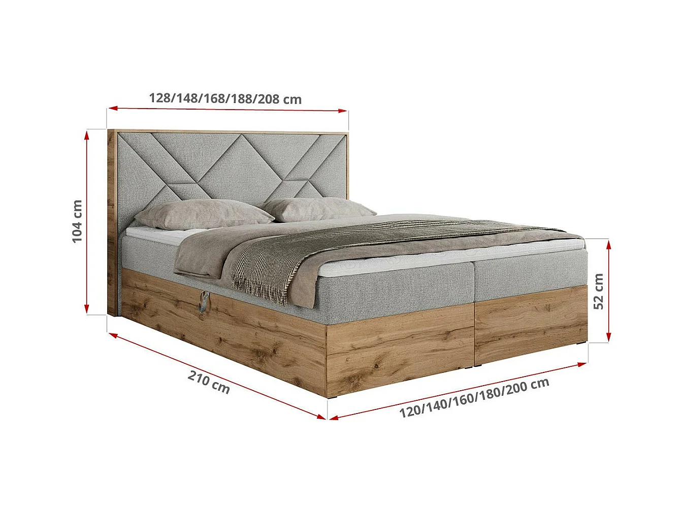 Boxspringbett GUNAR - gepolster kopfteil, Doppelbett mit Multipocket-Matratze, zwei Bettkästen - 180x200 cm - H4 - Hellgrau Strukture