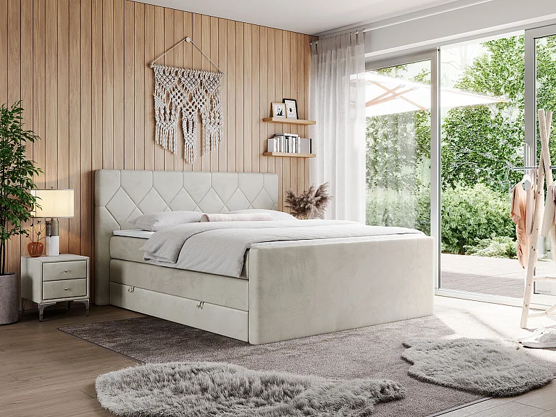 Boxspringbett EIGAR KING - Doppelbett mit genähtem Kopfteil, zwei Multipocket-Matratzen, Polsterbett für Schlafzimmer - 120x200 cm - H4 - Beige Velvet