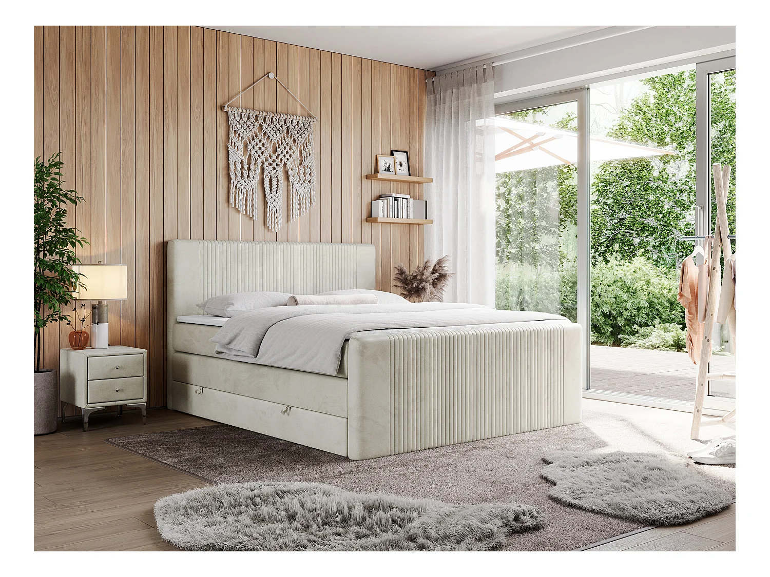 Boxspringbett DOREN KING - mit gesteppter Front und Kopfteil, zwei Multipocket-Matratzen und Topper, Doppelbett - 120x200 cm - H4 - Beige Velvet