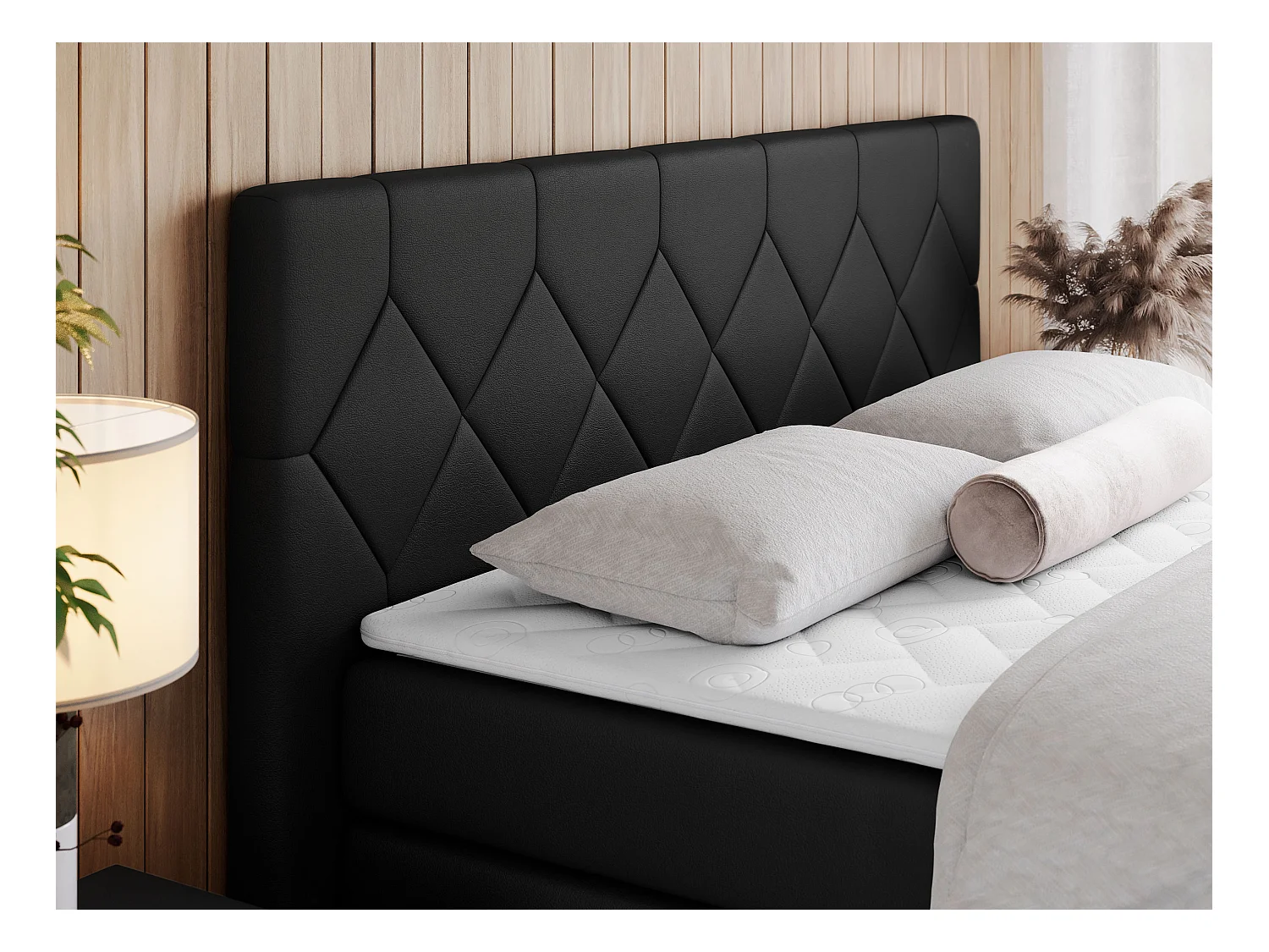 Boxspringbett EIGAR KING - Doppelbett mit genähtem Kopfteil, zwei Multipocket-Matratzen, Polsterbett für Schlafzimmer - 160x200 cm - H3 - Schwarz Kunstleder