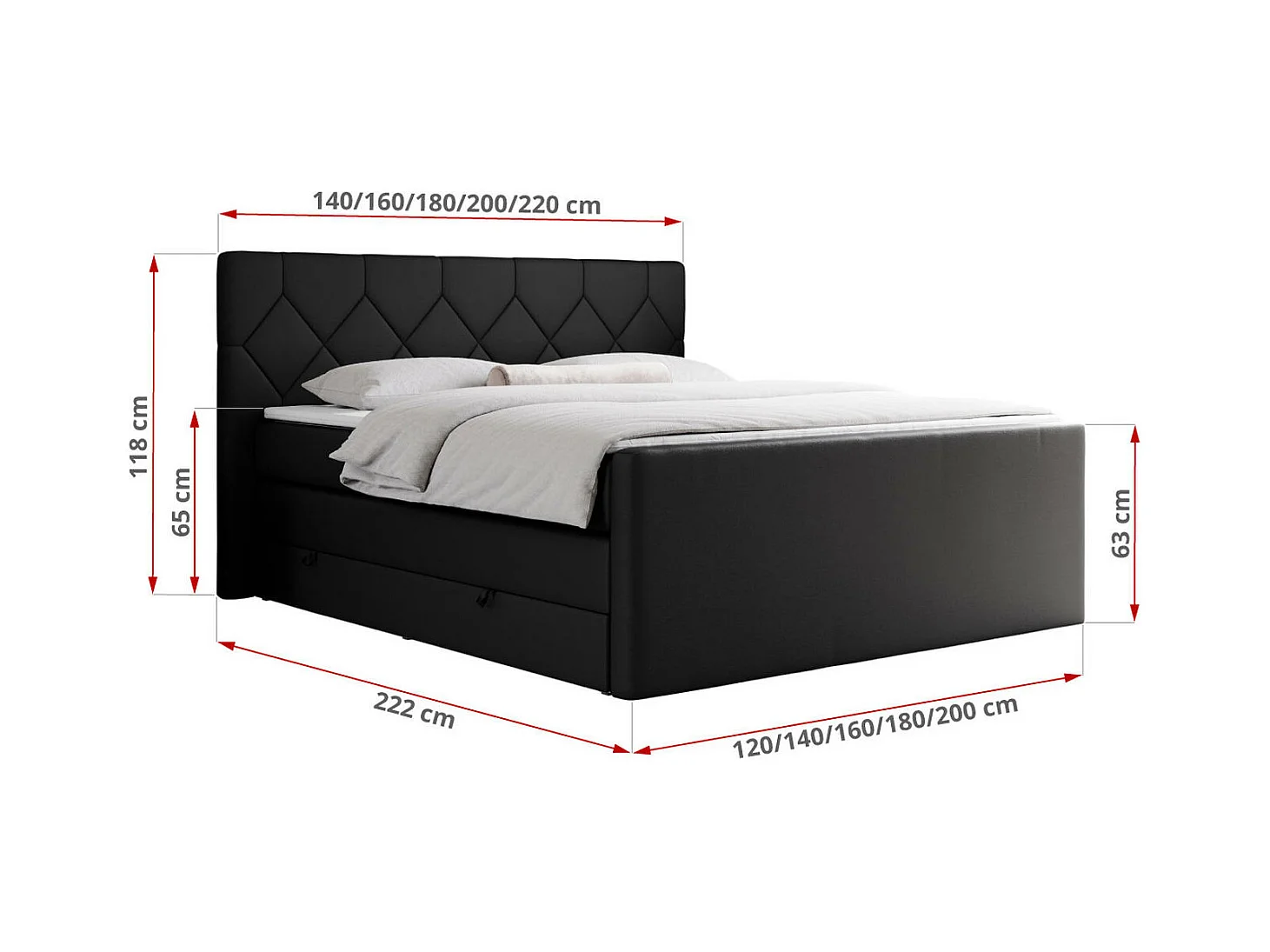 Boxspringbett EIGAR KING - Doppelbett mit genähtem Kopfteil, zwei Multipocket-Matratzen, Polsterbett für Schlafzimmer - 160x200 cm - H3 - Schwarz Kunstleder