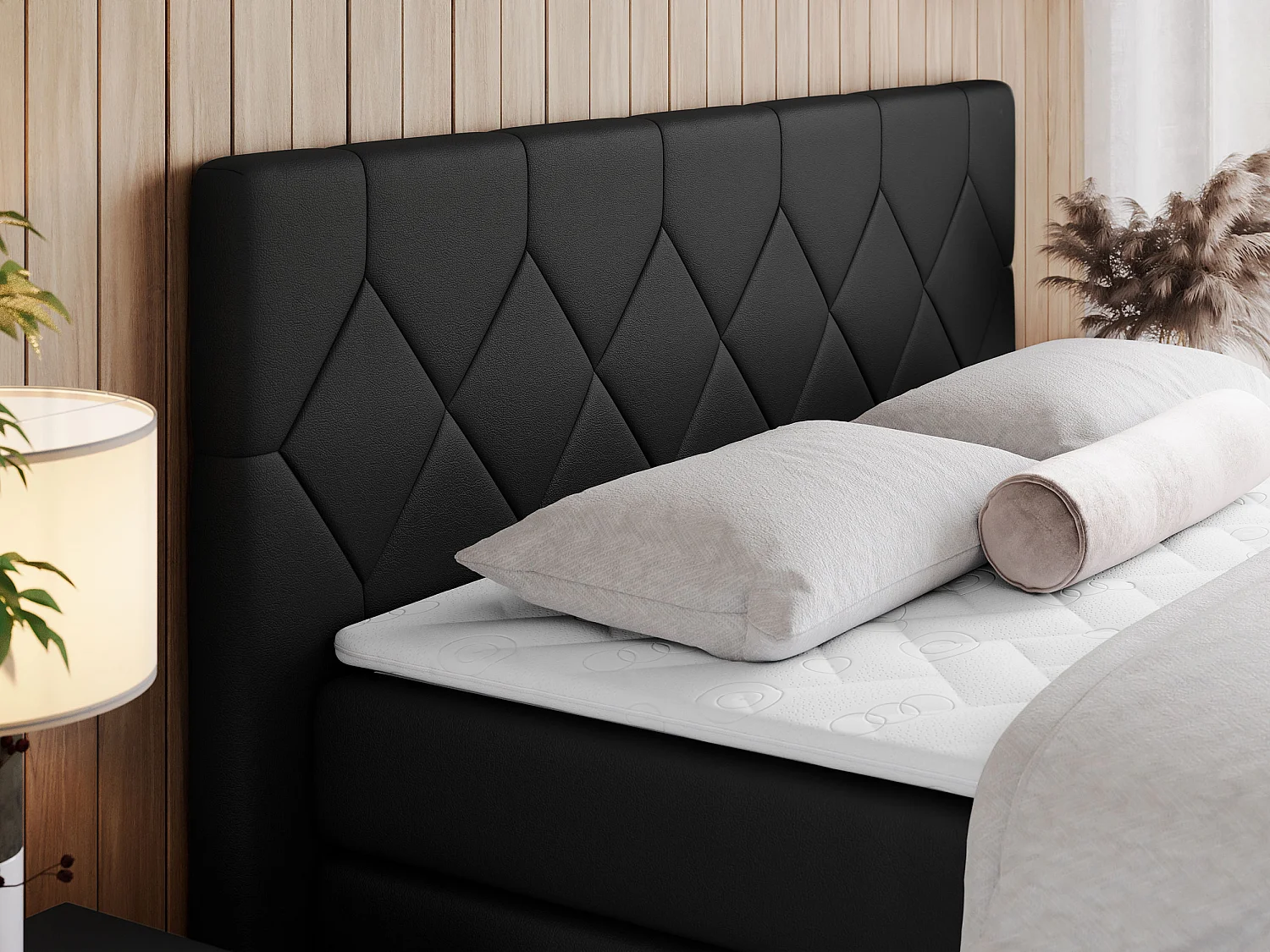 Boxspringbett EIGAR KING - Doppelbett mit genähtem Kopfteil, zwei Multipocket-Matratzen, Polsterbett für Schlafzimmer - 160x200 cm - H3 - Schwarz Kunstleder