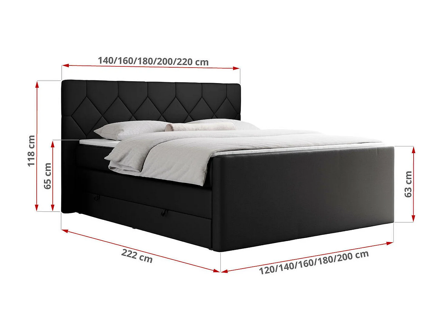 Boxspringbett EIGAR KING - Doppelbett mit genähtem Kopfteil, zwei Multipocket-Matratzen, Polsterbett für Schlafzimmer - 160x200 cm - H3 - Schwarz Kunstleder