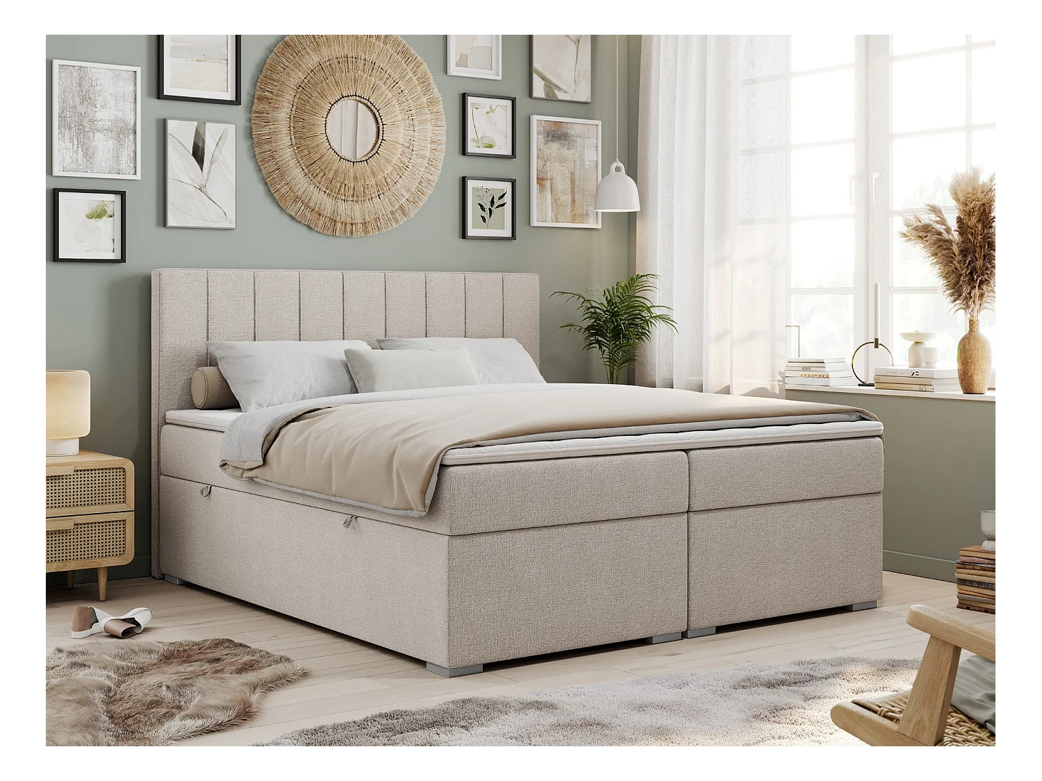 Boxspringbett ALLY - gestreiftes, genähtes Kopfteil, zwei Bettkästen, Multipocket-Matratzen, Praktisch Polsterbett - 180x200 cm - H3 - Beige Strukture