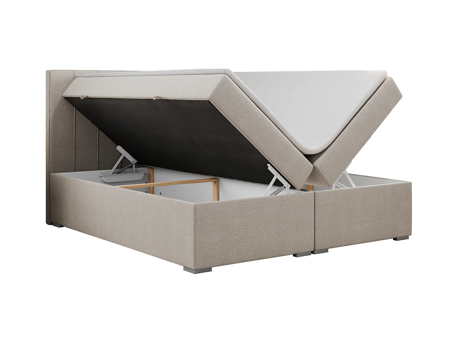 Boxspringbett ALLY - gestreiftes, genähtes Kopfteil, zwei Bettkästen, Multipocket-Matratzen, Praktisch Polsterbett - 180x200 cm - H3 - Beige Strukture