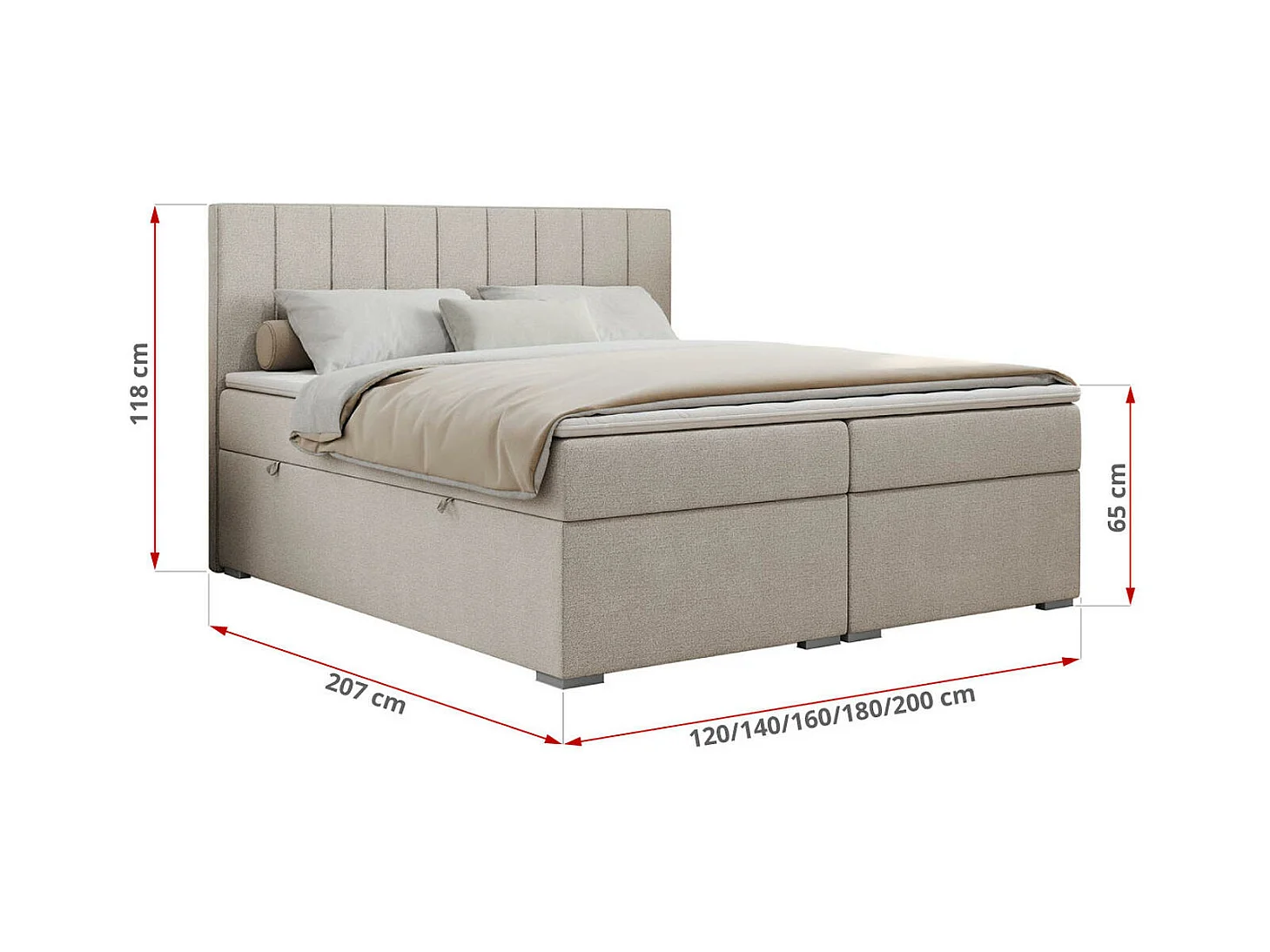 Boxspringbett ALLY - gestreiftes, genähtes Kopfteil, zwei Bettkästen, Multipocket-Matratzen, Praktisch Polsterbett - 180x200 cm - H3 - Beige Strukture