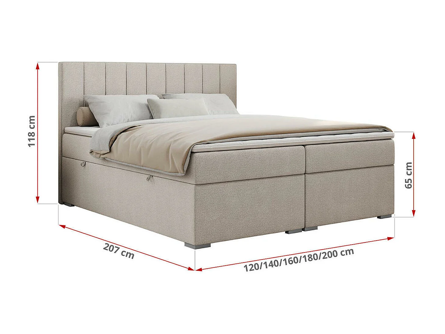 Boxspringbett ALLY - gestreiftes, genähtes Kopfteil, zwei Bettkästen, Multipocket-Matratzen, Praktisch Polsterbett - 180x200 cm - H3 - Beige Strukture