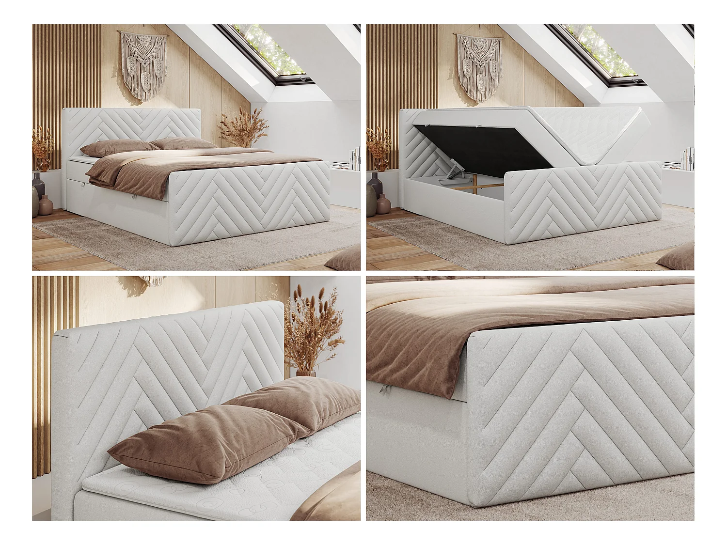 Boxspringbett PARIS DUO - Polsterbett mit genähtem Kopfteil und Frontplatte, Doppelbett, zwei Bettkästen - 200x200 cm - H3 - Weiß Kunstleder