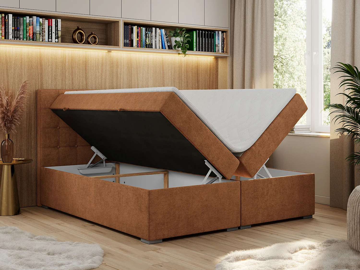 Boxspringbett CARMEN - Polsterbett mit zwei Bettkästen, gesteppte Kopfstütze, Multipocket-Matratze - 120x200 cm - H3 - Orange Stukture