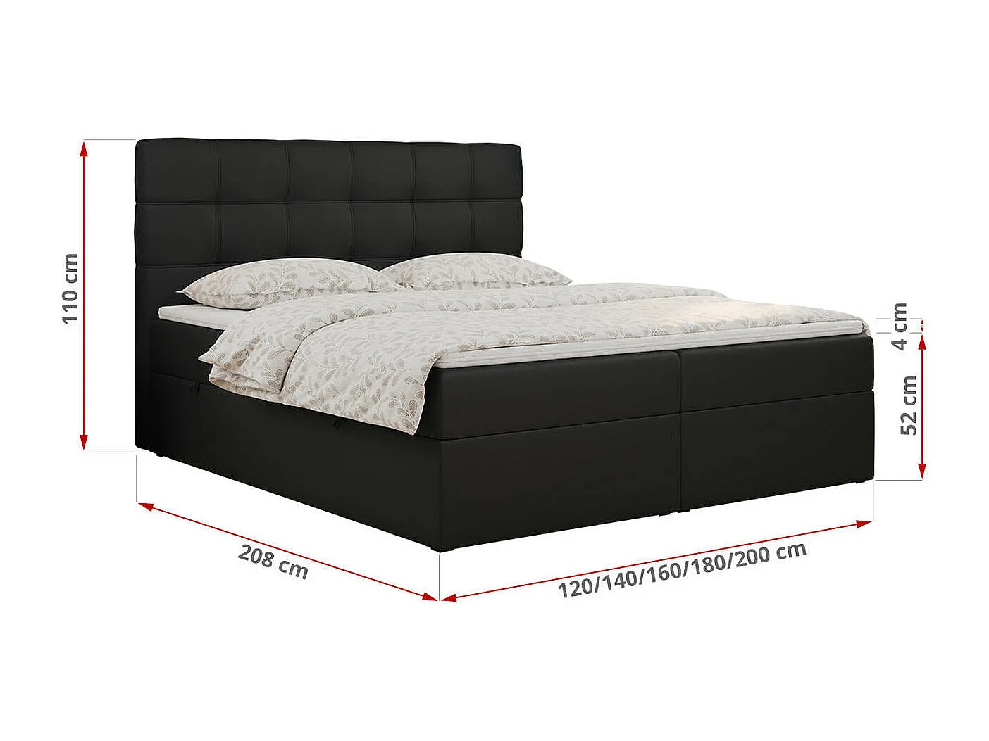 Boxspringbett ERNI - mit gestepptem Kopfteil, Polsterbett, Multipocket-Matratze und Topper, Bettkästen - 160x200 cm - H4 - Schwarz Kunstleder