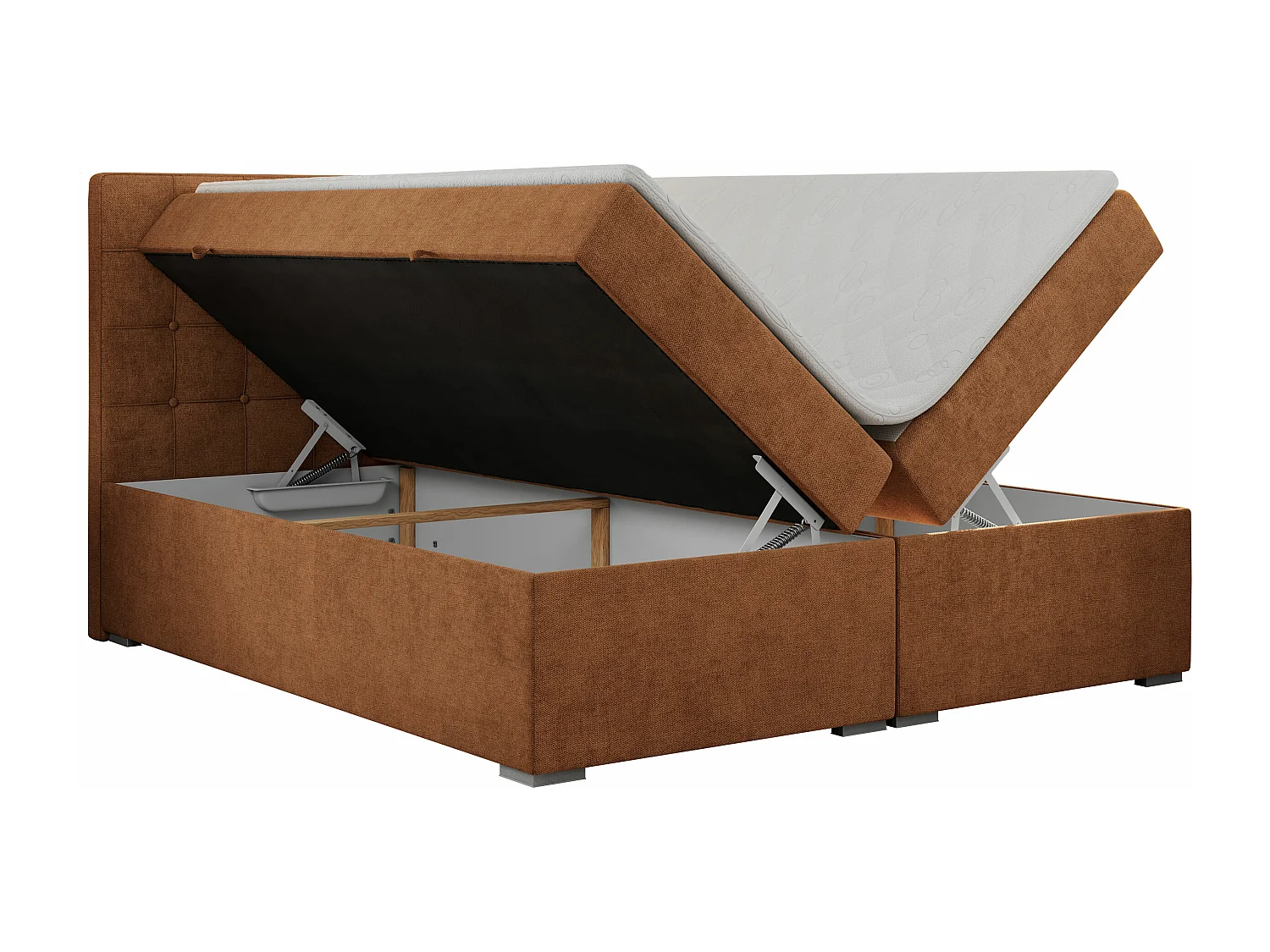 Boxspringbett CARMEN - Polsterbett mit zwei Bettkästen, gesteppte Kopfstütze, Multipocket-Matratze - 160x200 cm - H4 - Orange Stukture
