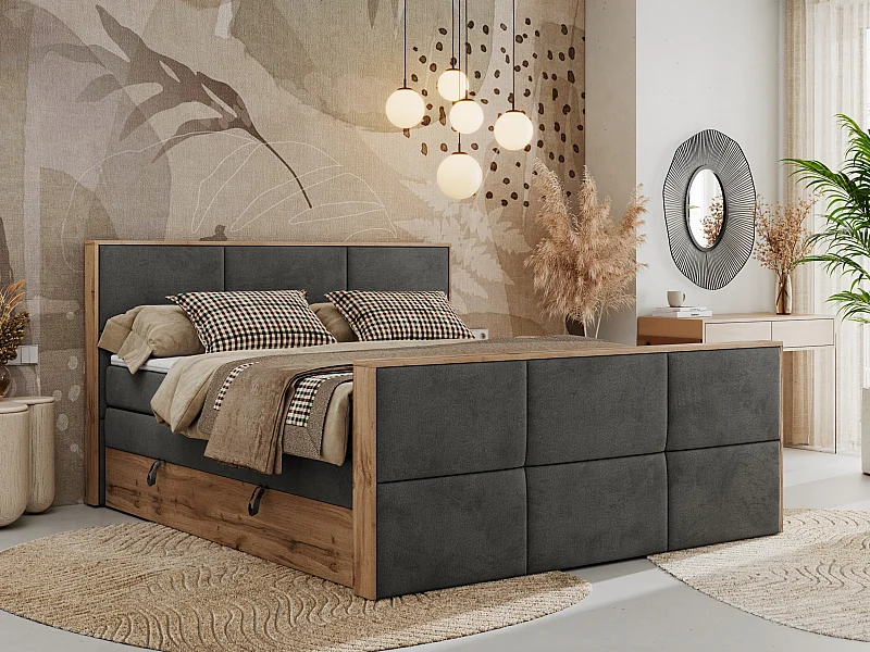 Boxspringbett ALBERO 2 KING DUO - Eiche Wotan Holzrahmen, zwei Multipocket-Matratzen, Bettkästen - 180x200 cm - H3 - Dunkelgrau Velvet