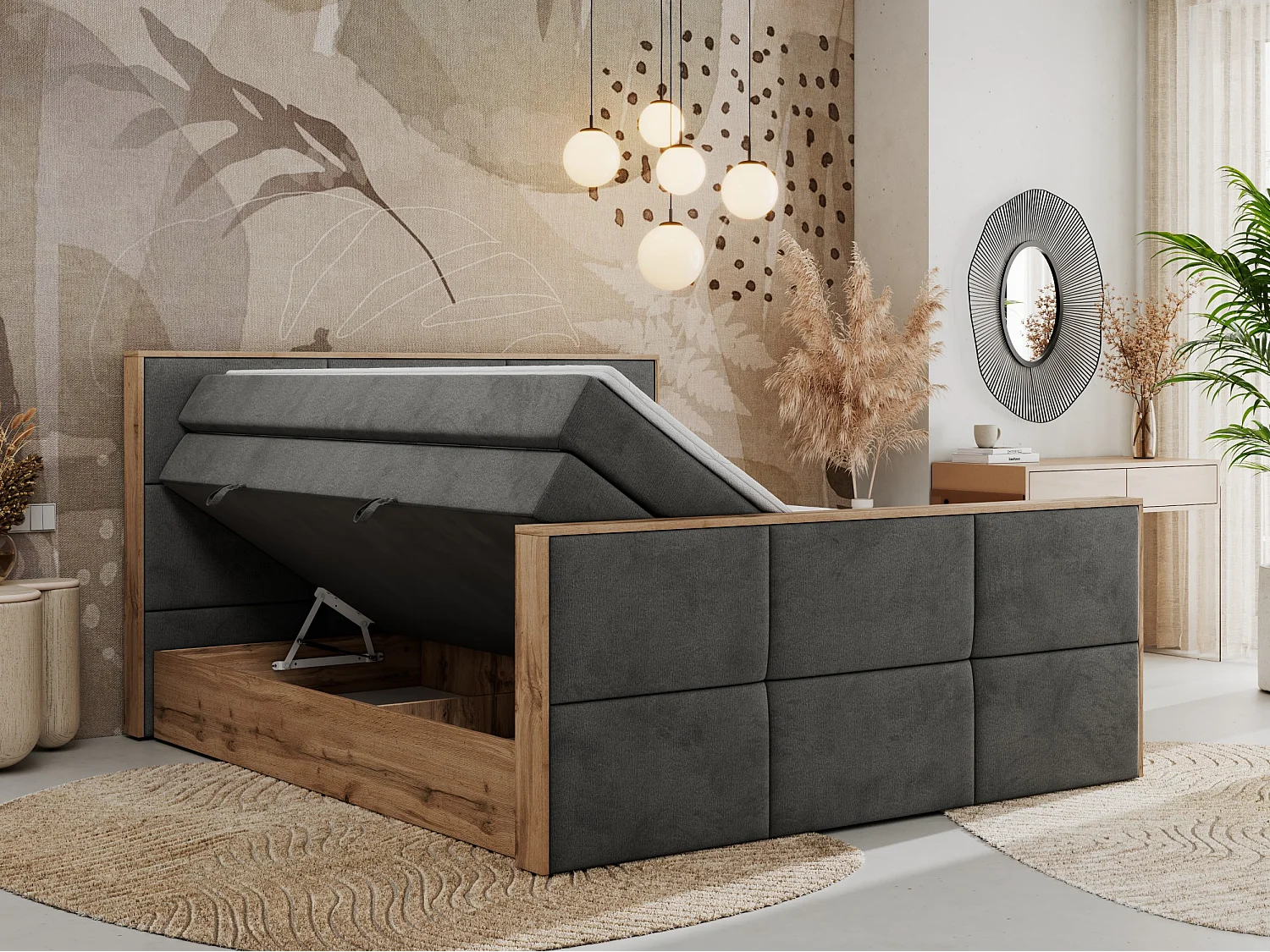 Boxspringbett ALBERO 2 KING DUO - Eiche Wotan Holzrahmen, zwei Multipocket-Matratzen, Bettkästen - 180x200 cm - H3 - Dunkelgrau Velvet