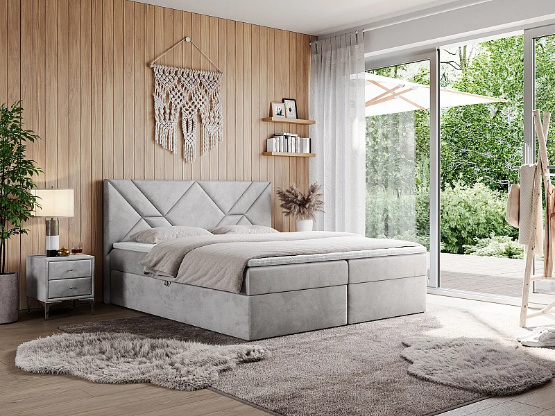 Boxspringbett NEOMI - dekorativem Kopfteil, Polsterbett mit Multipocket-Matratzen, zwei Bettkästen - 140x200 cm - H4 - Hellgrau Strukture