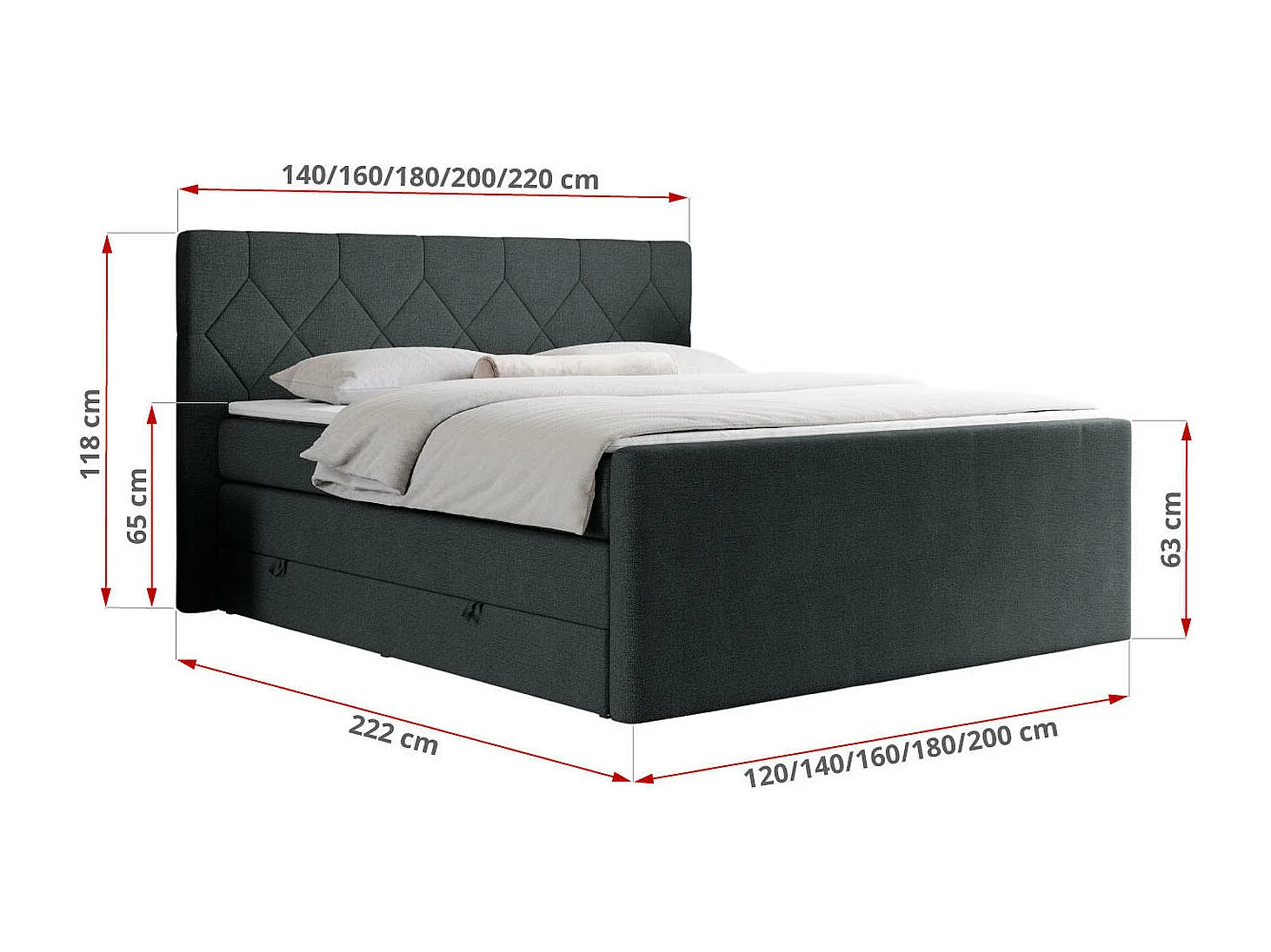 Boxspringbett EIGAR KING - Doppelbett mit genähtem Kopfteil, zwei Multipocket-Matratzen, Polsterbett für Schlafzimmer - 200x200 cm - H4 - Dunkelgrau Strukture
