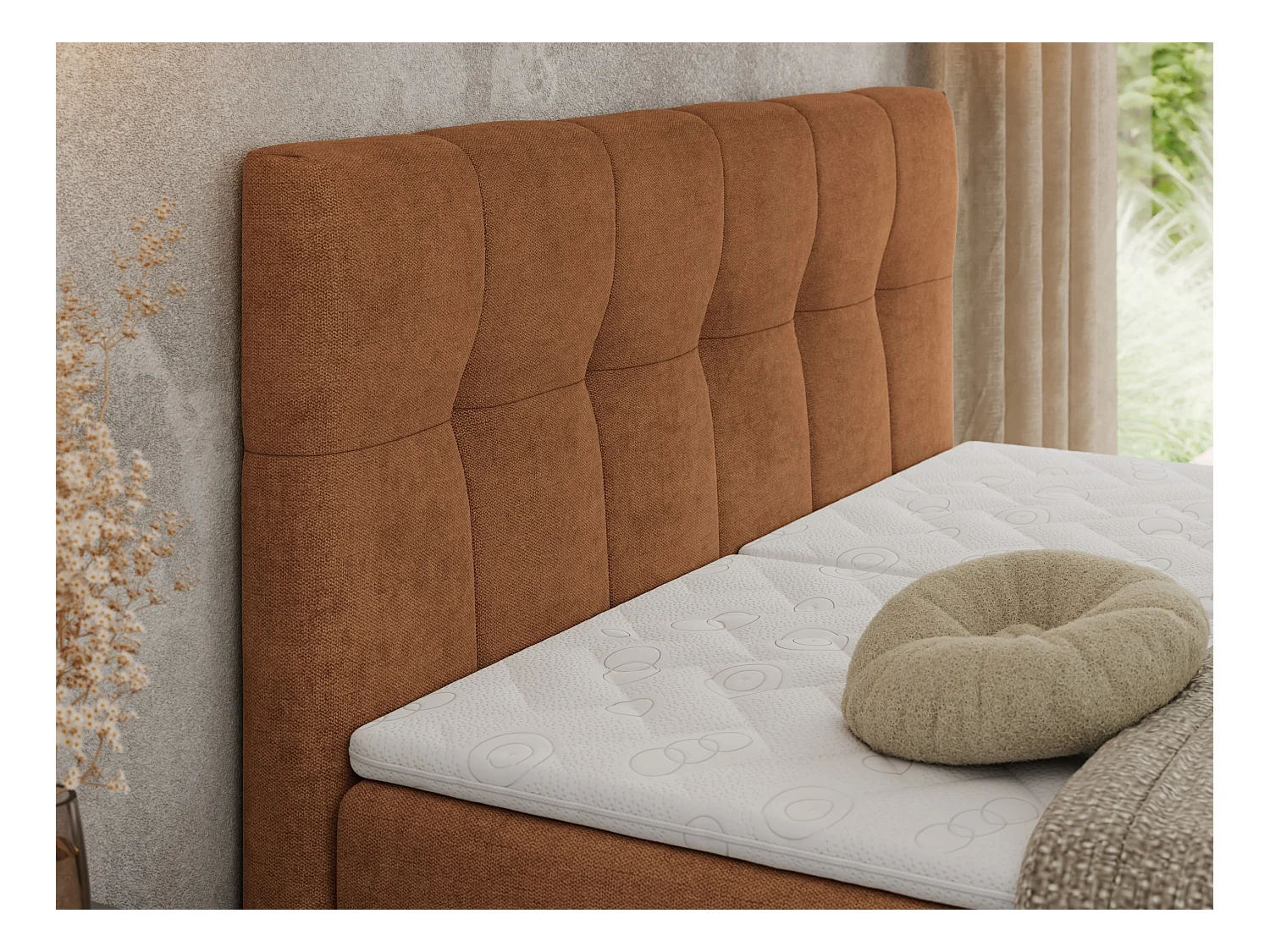 Boxspringbett VITTORIA - mit gestepptem Kopfteil, elektrischem Untergestell, Multipocket-Matratze - 140x200 cm - H3 - Orange Strukture