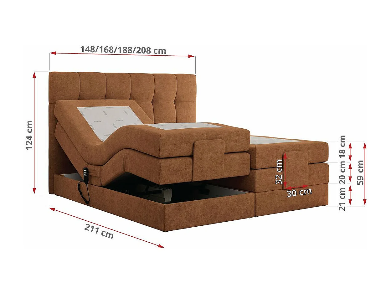 Boxspringbett VITTORIA - mit gestepptem Kopfteil, elektrischem Untergestell, Multipocket-Matratze - 140x200 cm - H3 - Orange Strukture