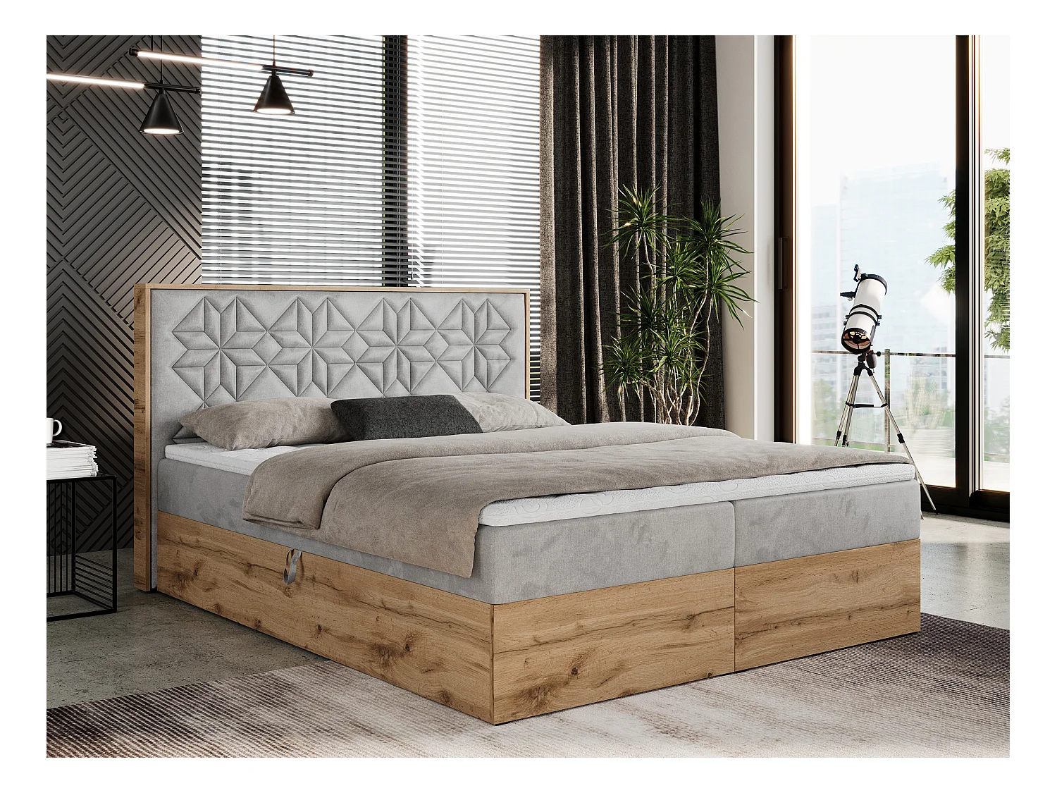 Boxspringbett NESSI - mit hoher Kopfstütze, Multipocket-Matratze und Topper, Doppelbett mit Bettkästen - 140x200 cm - H3 - Hellgrau Velvet