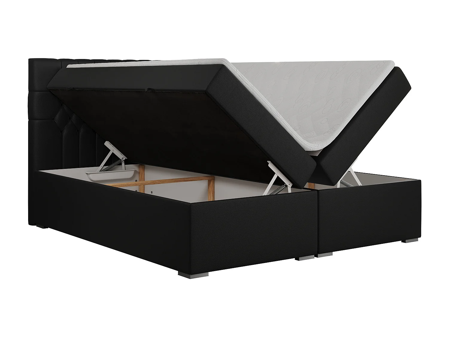 Boxspringbett PERA - gesteppte Kopfstütze, Multipocket-Matratze und Topper, Doppelbett mit Stauraum - 180x200 cm - H3 - Schwarz Kunstleder