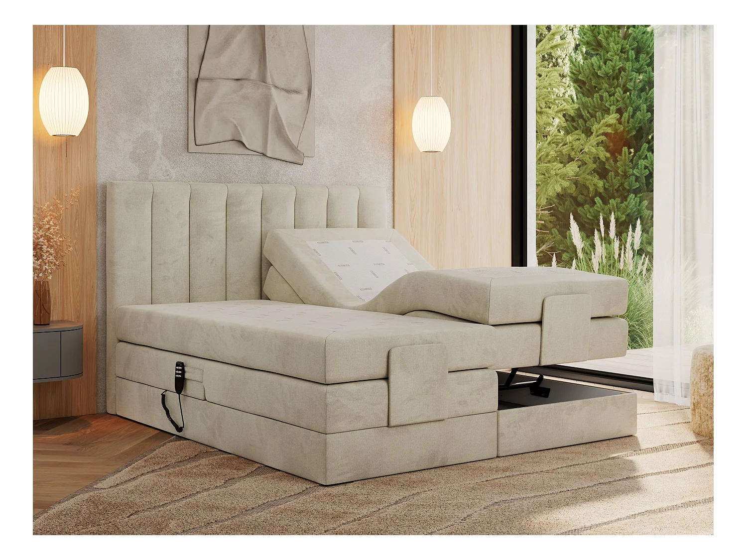 Boxspringbett COMFORTO - Doppelbett, Elektrisch verstellbare, Multipocket-Matratzen und Topper, genähtes Kopfteil - 180x200 cm - H3 - Beige Velvet