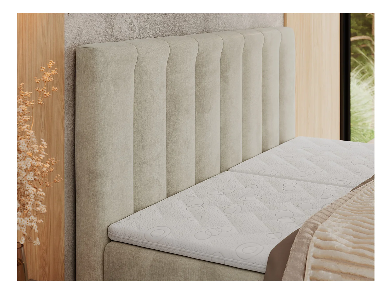 Boxspringbett COMFORTO - Doppelbett, Elektrisch verstellbare, Multipocket-Matratzen und Topper, genähtes Kopfteil - 180x200 cm - H3 - Beige Velvet