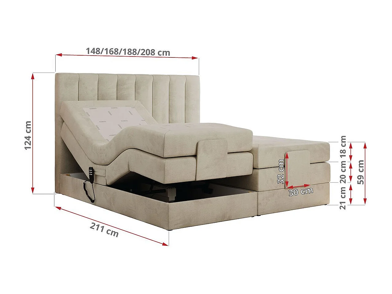 Boxspringbett COMFORTO - Doppelbett, Elektrisch verstellbare, Multipocket-Matratzen und Topper, genähtes Kopfteil - 180x200 cm - H3 - Beige Velvet