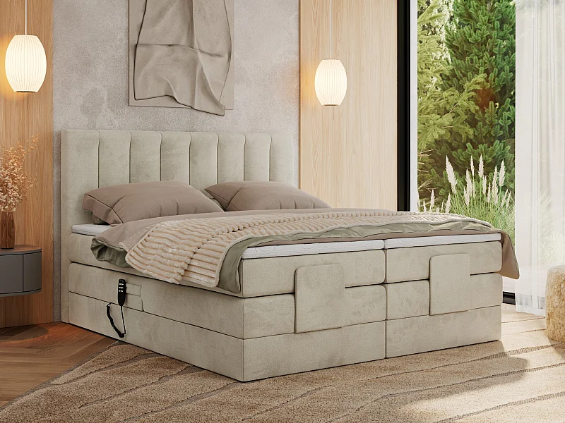 Boxspringbett COMFORTO - Doppelbett, Elektrisch verstellbare, Multipocket-Matratzen und Topper, genähtes Kopfteil - 180x200 cm - H3 - Beige Velvet