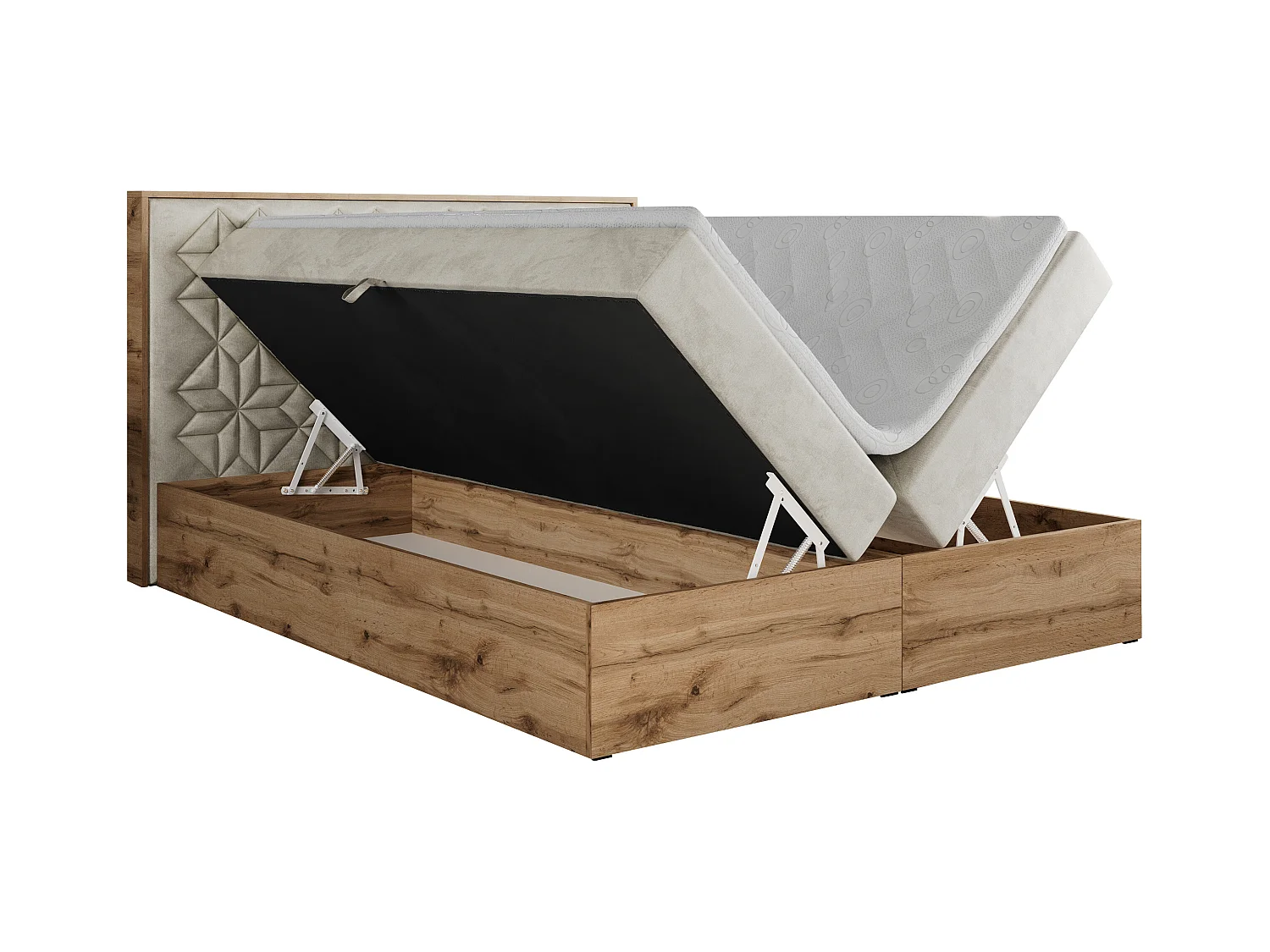 Boxspringbett NESSI - mit hoher Kopfstütze, Multipocket-Matratze und Topper, Doppelbett mit Bettkästen - 120x200 cm - H3 - Beige Velvet