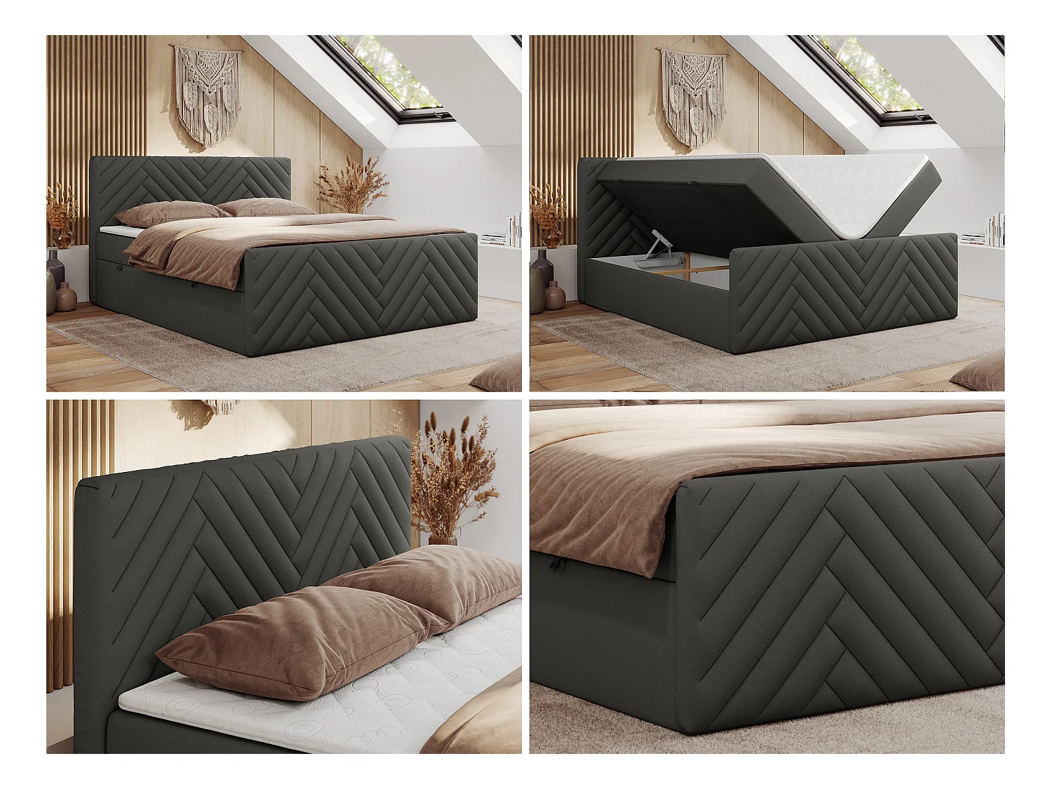 Boxspringbett PARIS DUO - Polsterbett mit genähtem Kopfteil und Frontplatte, Doppelbett, zwei Bettkästen - 180x200 cm - H4 - Grau Kunstleder