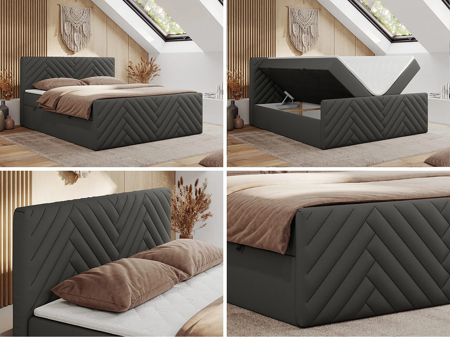 Boxspringbett PARIS DUO - Polsterbett mit genähtem Kopfteil und Frontplatte, Doppelbett, zwei Bettkästen - 180x200 cm - H4 - Grau Kunstleder