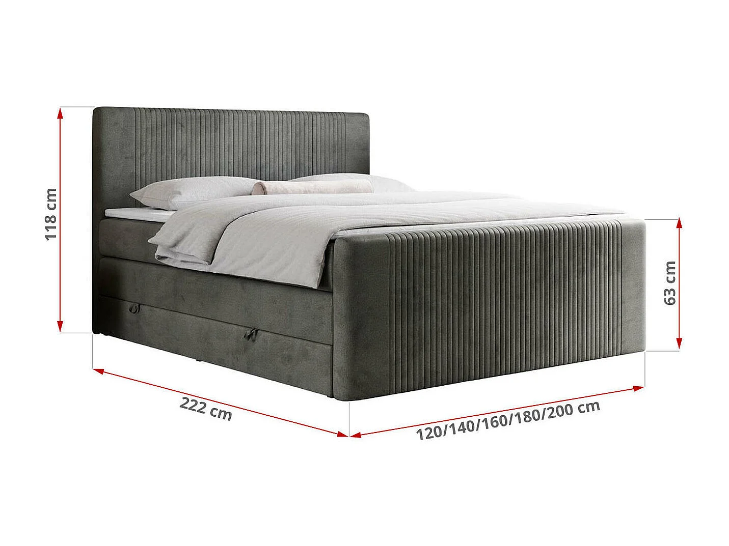 Boxspringbett DOREN KING - mit gesteppter Front und Kopfteil, zwei Multipocket-Matratzen und Topper, Doppelbett - 160x200 cm - H3 - Dunkelgrau Velvet