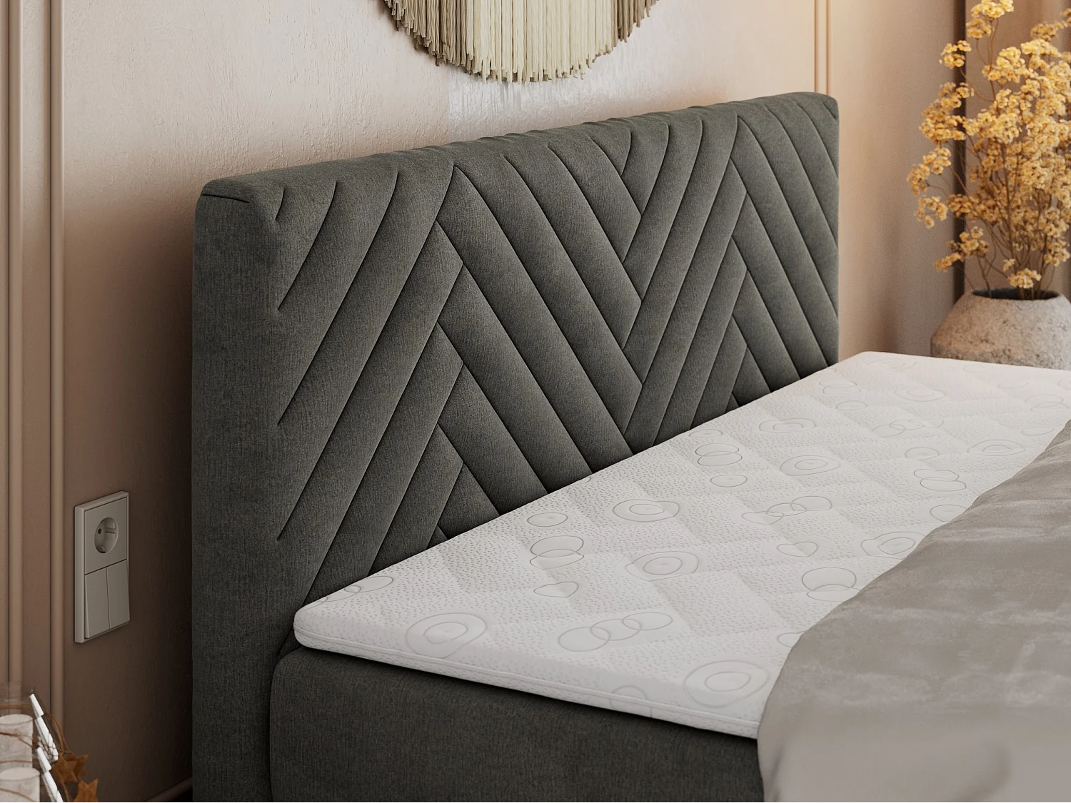 Boxspringbett PARIS KING DUO - dekorative Kopfstütze und Front, zwei Multipocket-Matratze mit Topper - 180x200 cm - H4 - Dunkelgrau Velvet