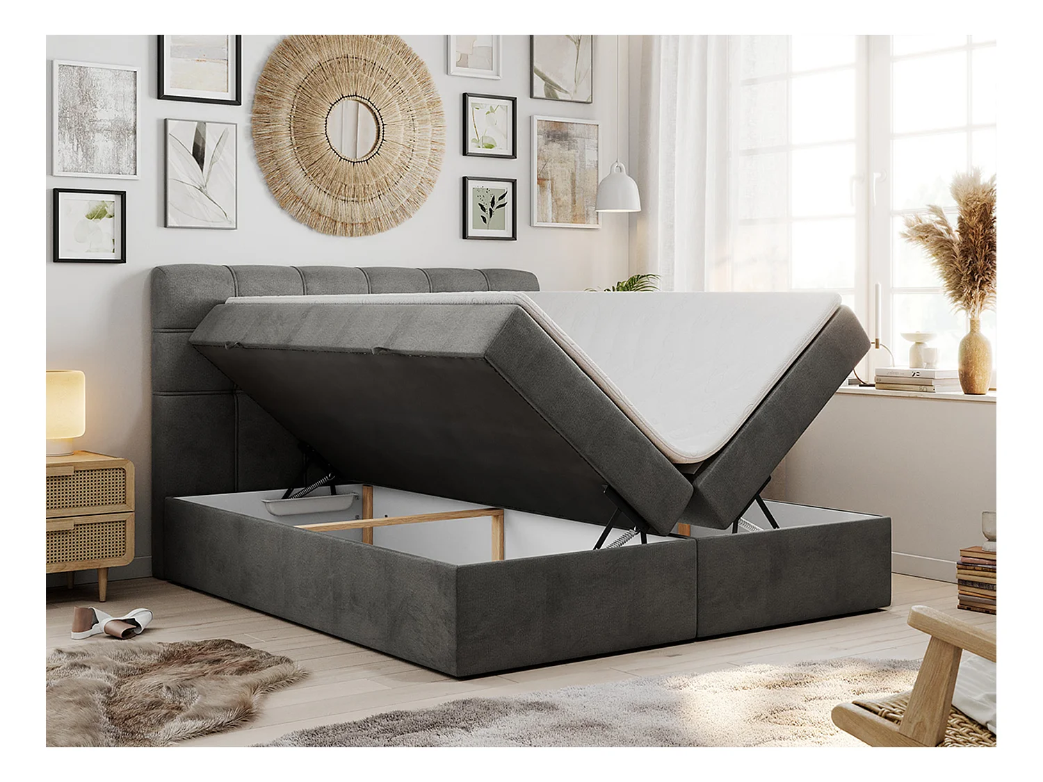 Boxspringbett FAST - Doppelbett mit Stauraum, gestepptes Kopfteil, Multipocket-Matratze - 180x200 cm - H4 - Dunkelgrau Velvet