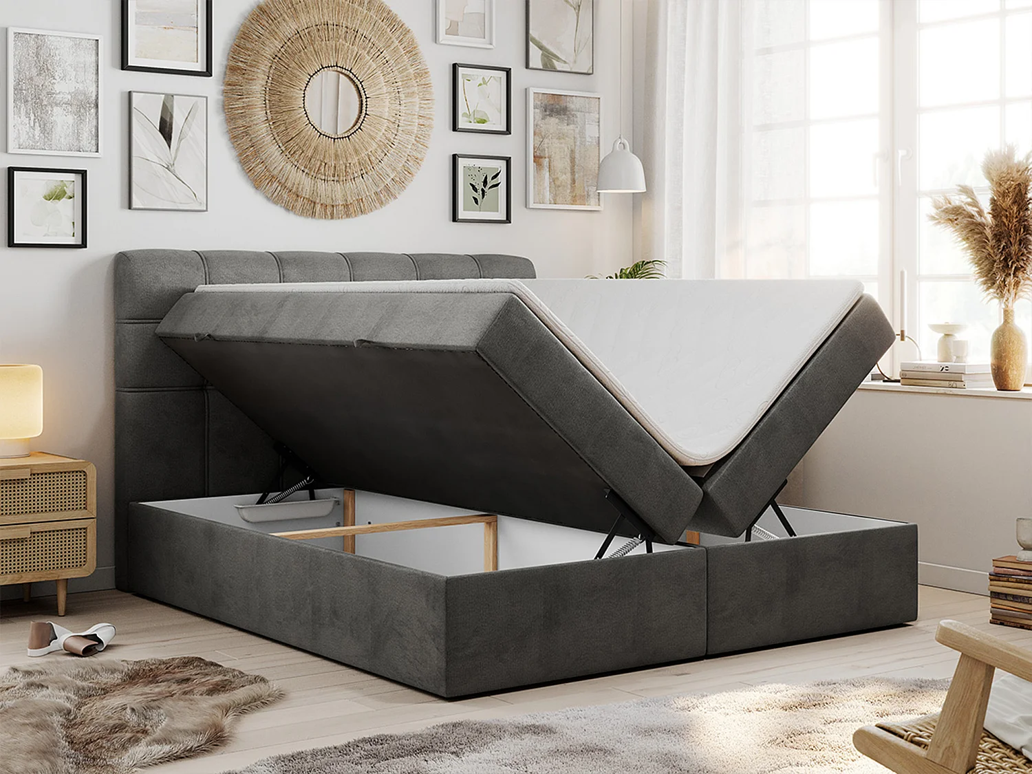 Boxspringbett FAST - Doppelbett mit Stauraum, gestepptes Kopfteil, Multipocket-Matratze - 180x200 cm - H4 - Dunkelgrau Velvet