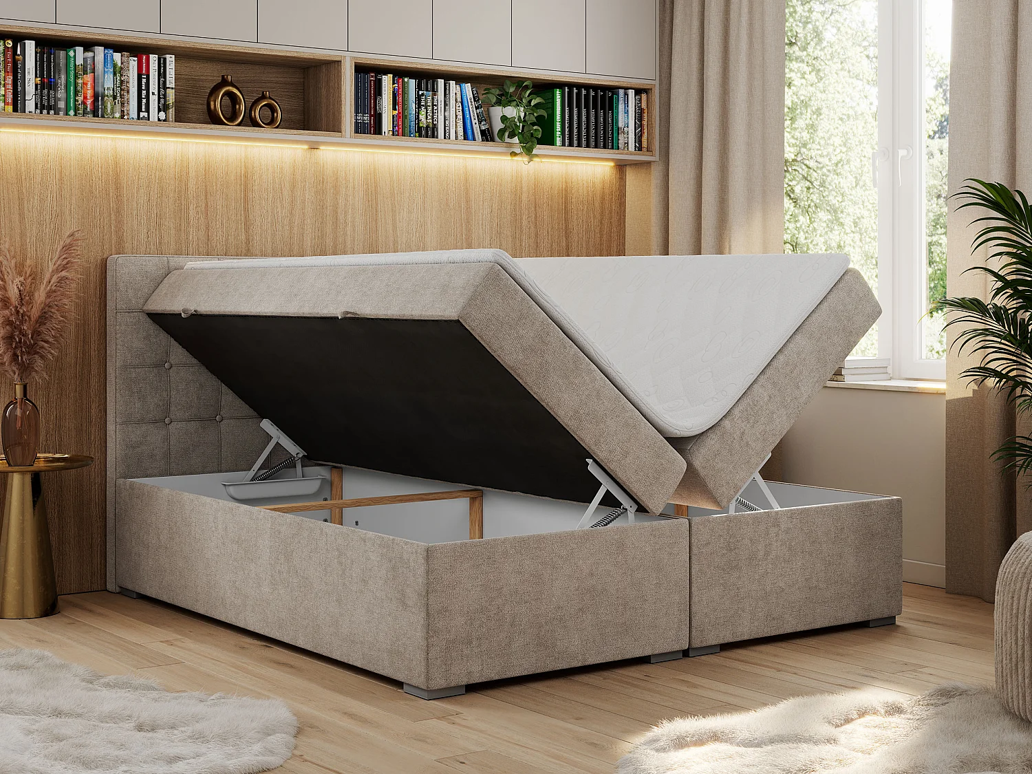 Boxspringbett CARMEN - Polsterbett mit zwei Bettkästen, gesteppte Kopfstütze, Multipocket-Matratze - 140x200 cm - H3 - Beige Stukture