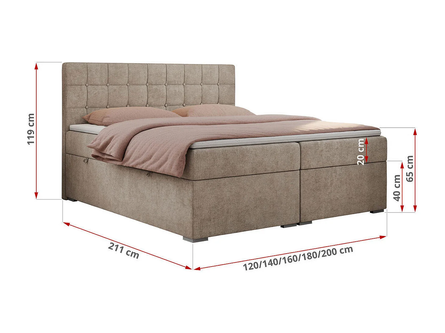 Boxspringbett CARMEN - Polsterbett mit zwei Bettkästen, gesteppte Kopfstütze, Multipocket-Matratze - 140x200 cm - H3 - Beige Stukture