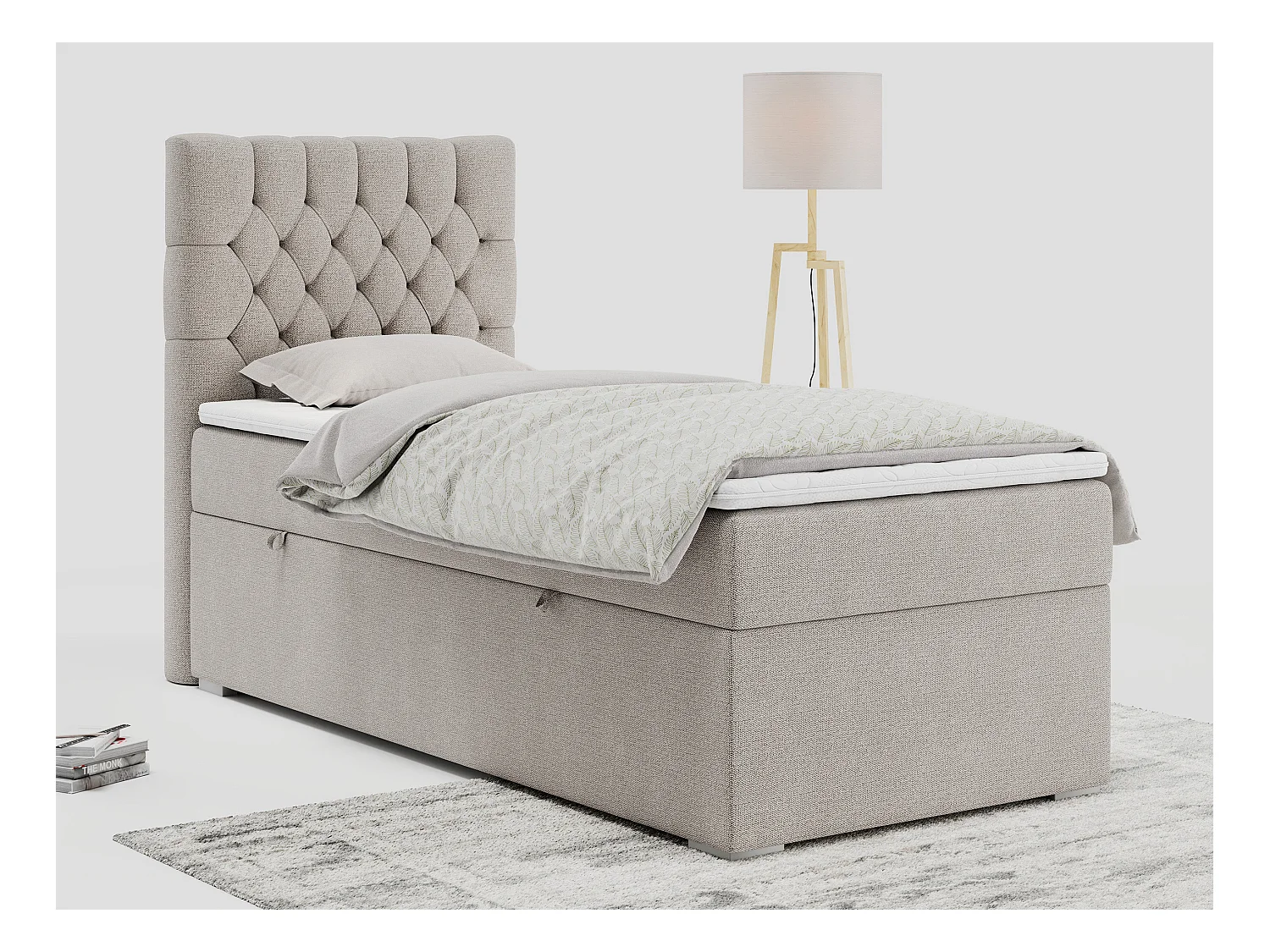 Boxspringbett PERA - Einzelbett mit Kopfstütze, Polsterbett, Multipocket-Matratze, genähtes Kopfteil - 90x200 cm - H4 - Beige Strukture - Links Seite