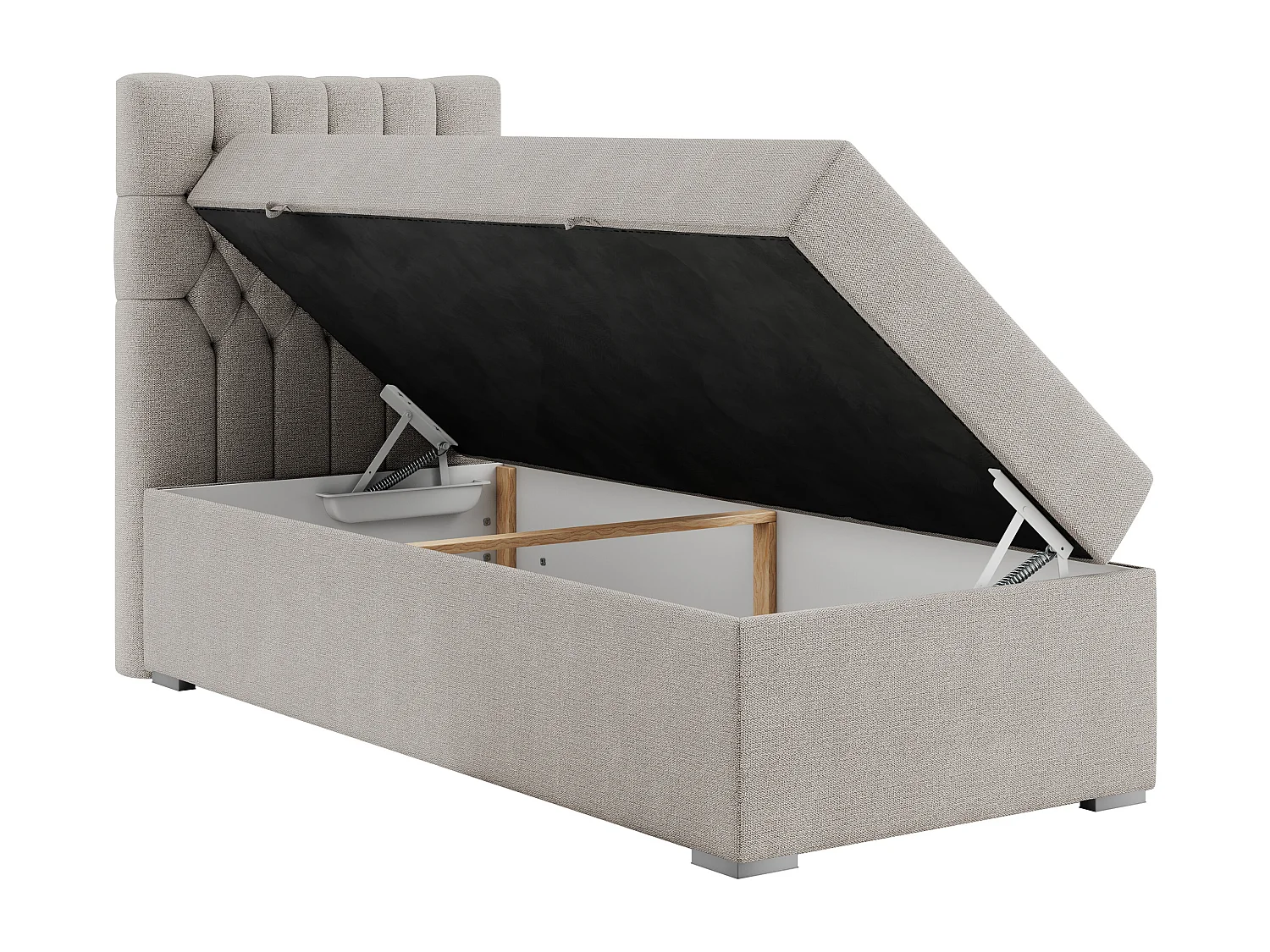 Boxspringbett PERA - Einzelbett mit Kopfstütze, Polsterbett, Multipocket-Matratze, genähtes Kopfteil - 90x200 cm - H4 - Beige Strukture - Links Seite
