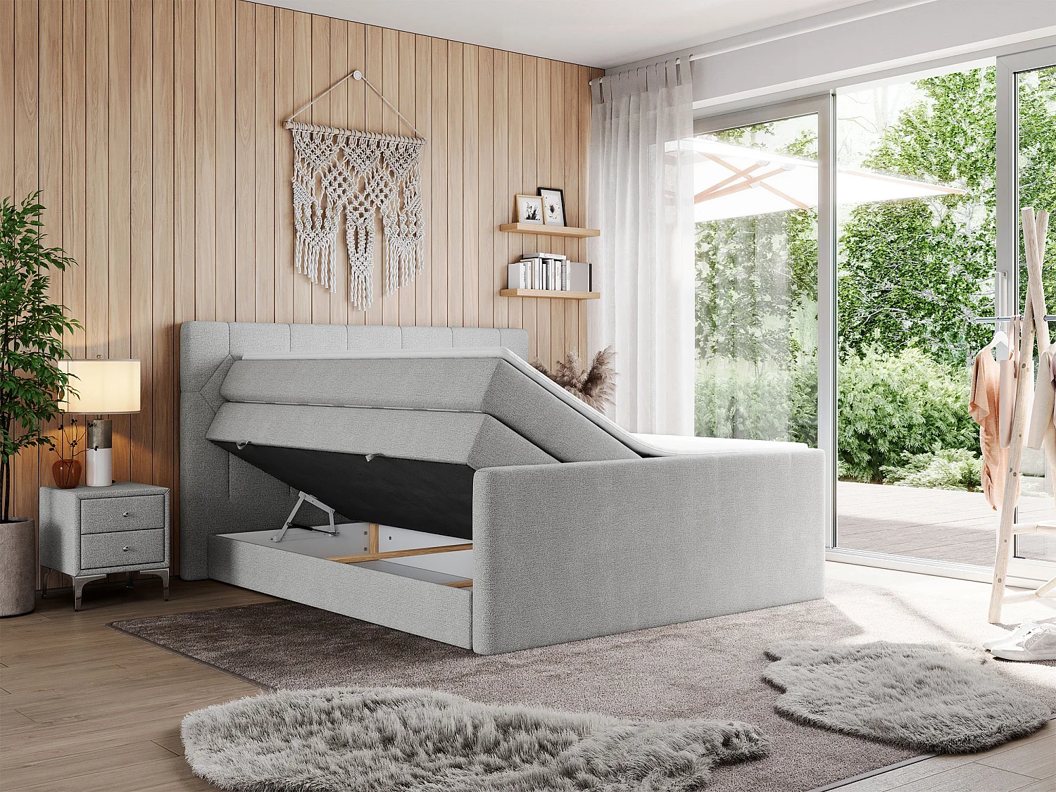 Boxspringbett EIGAR KING - Doppelbett mit genähtem Kopfteil, zwei Multipocket-Matratzen, Polsterbett für Schlafzimmer - 160x200 cm - H4 - Hellgrau Strukture